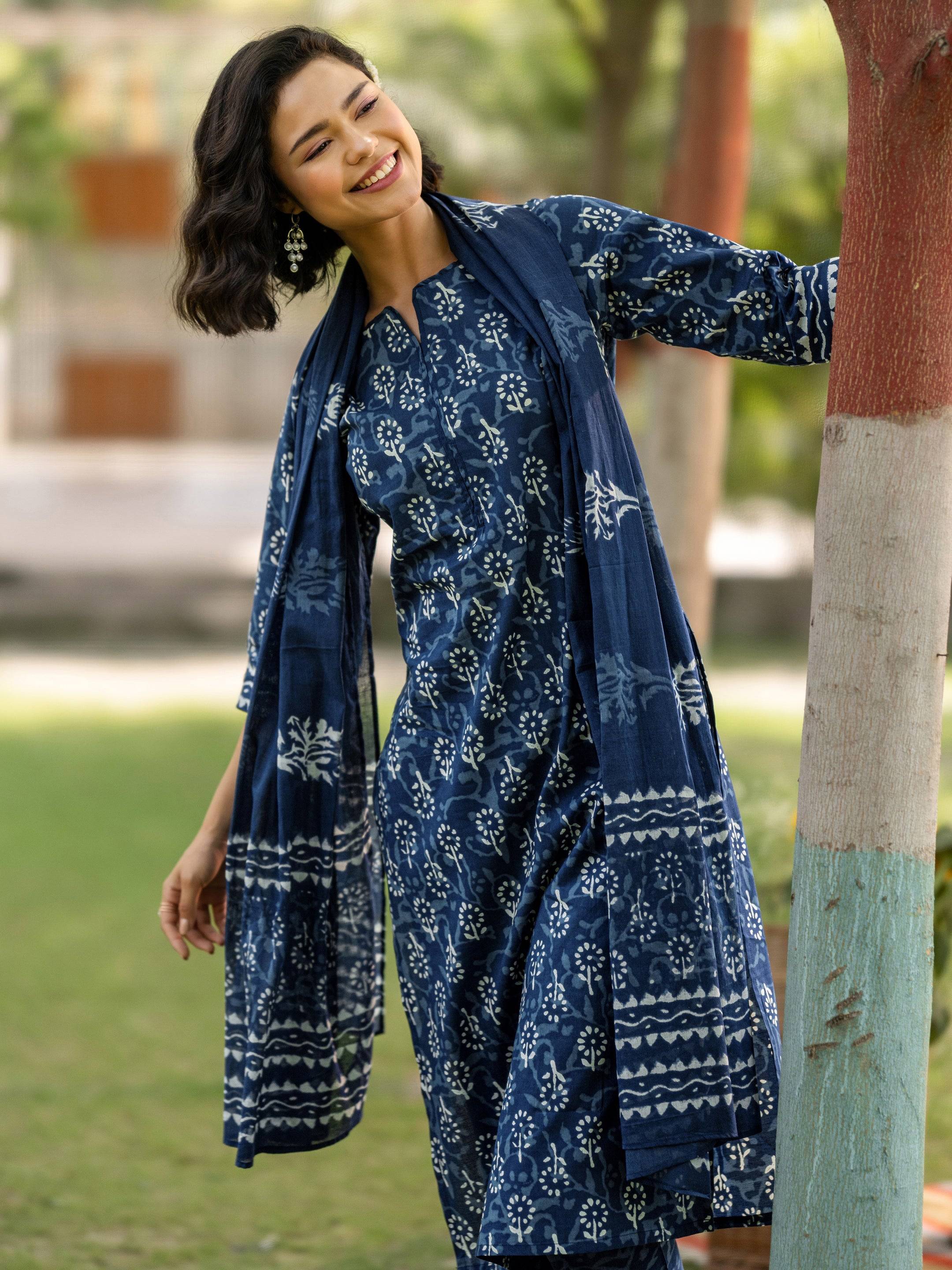 Indigo Printed Cotton Straight Suit Set... Buy only at ₹4749