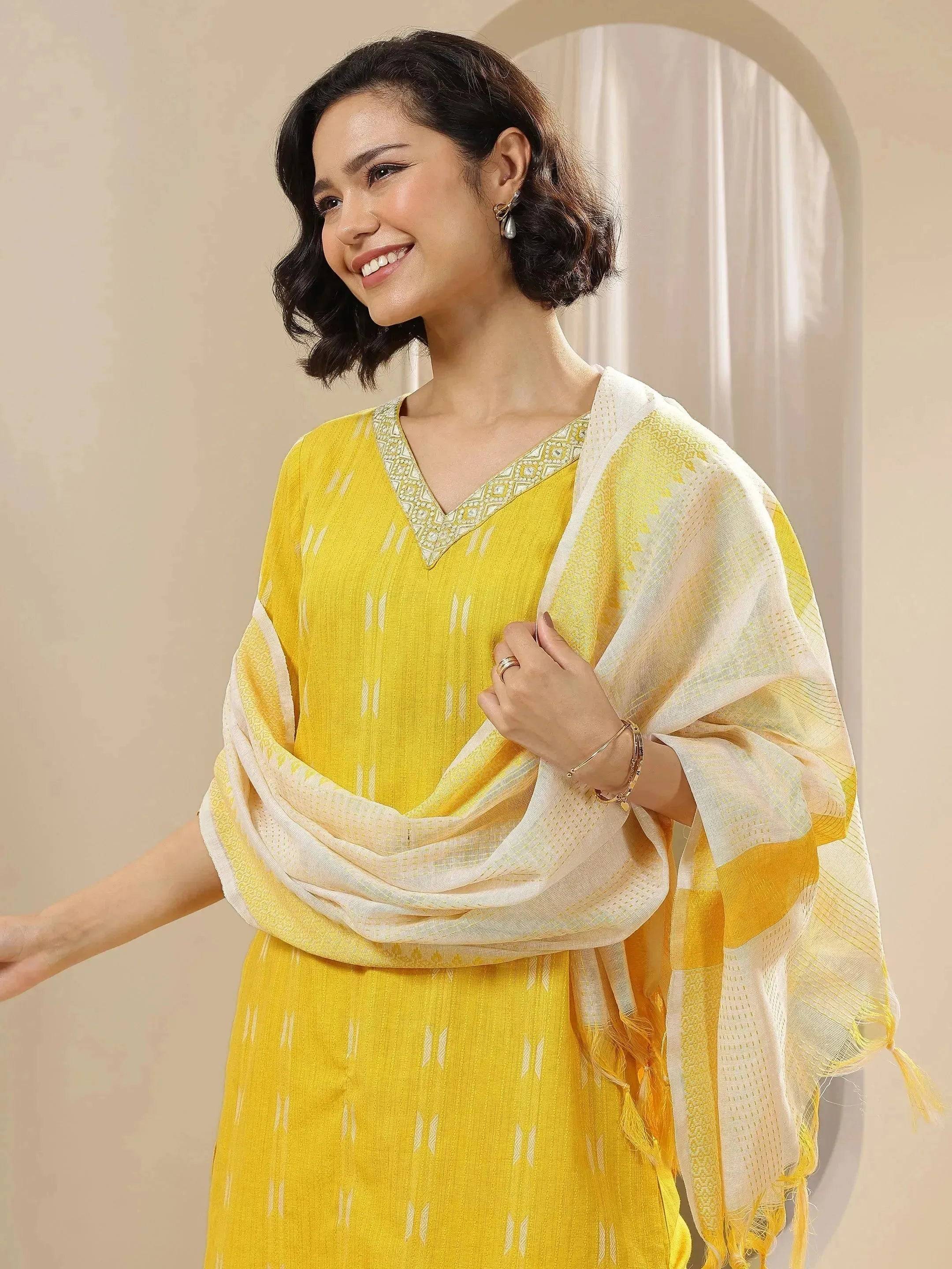 Yellow Self Design Cotton Blend Straigh... Buy only at ₹3499
