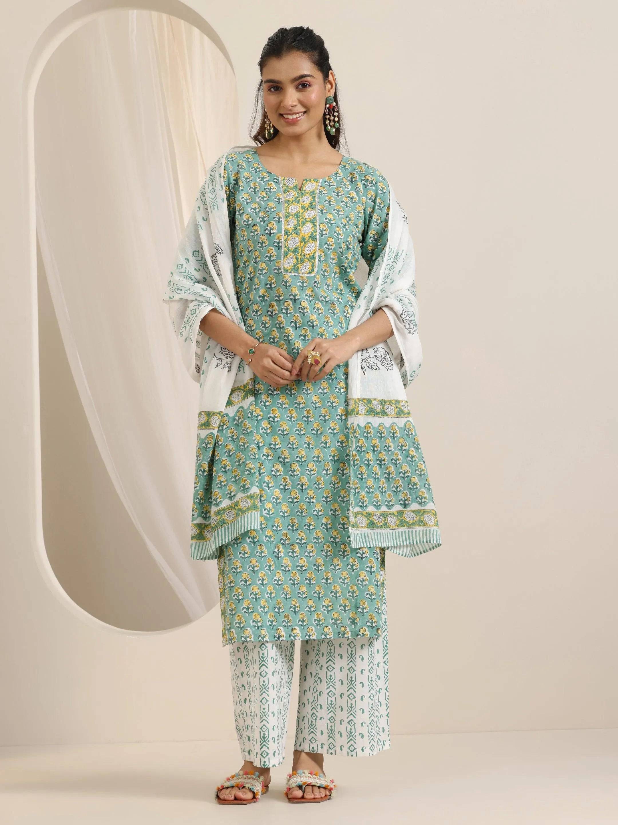 Green Printed Cotton Straight Suit Set ... Buy only at ₹3499