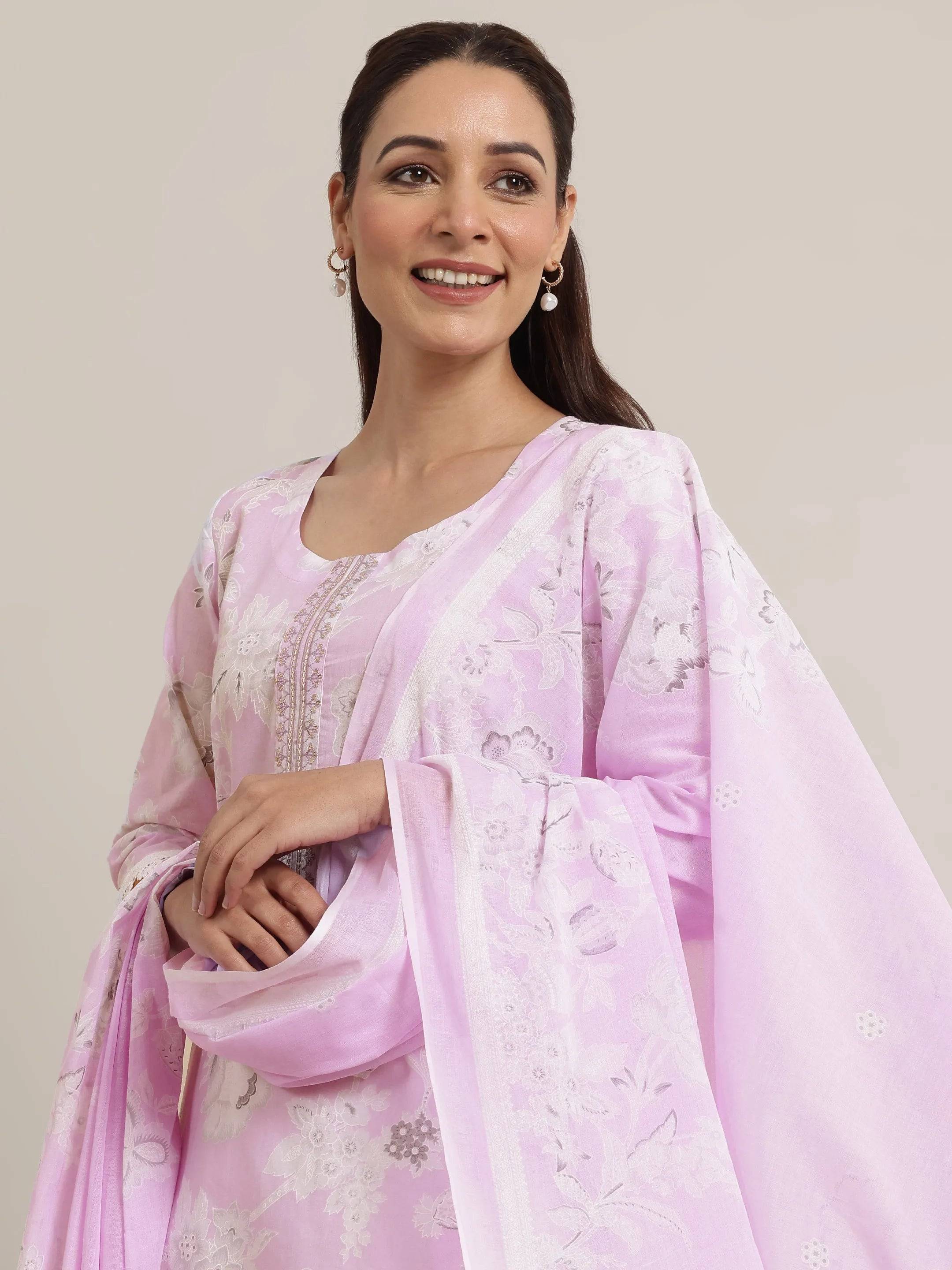 Lavender Printed Cotton Straight Suit S... Buy only at ₹3499