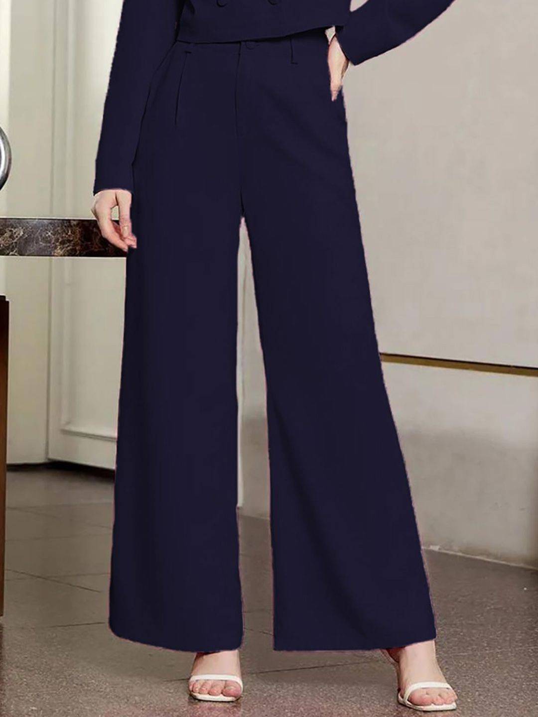 KOTTY BIZwear Women Blue High-Rise Easy Wash Pleated Parallel Trousers