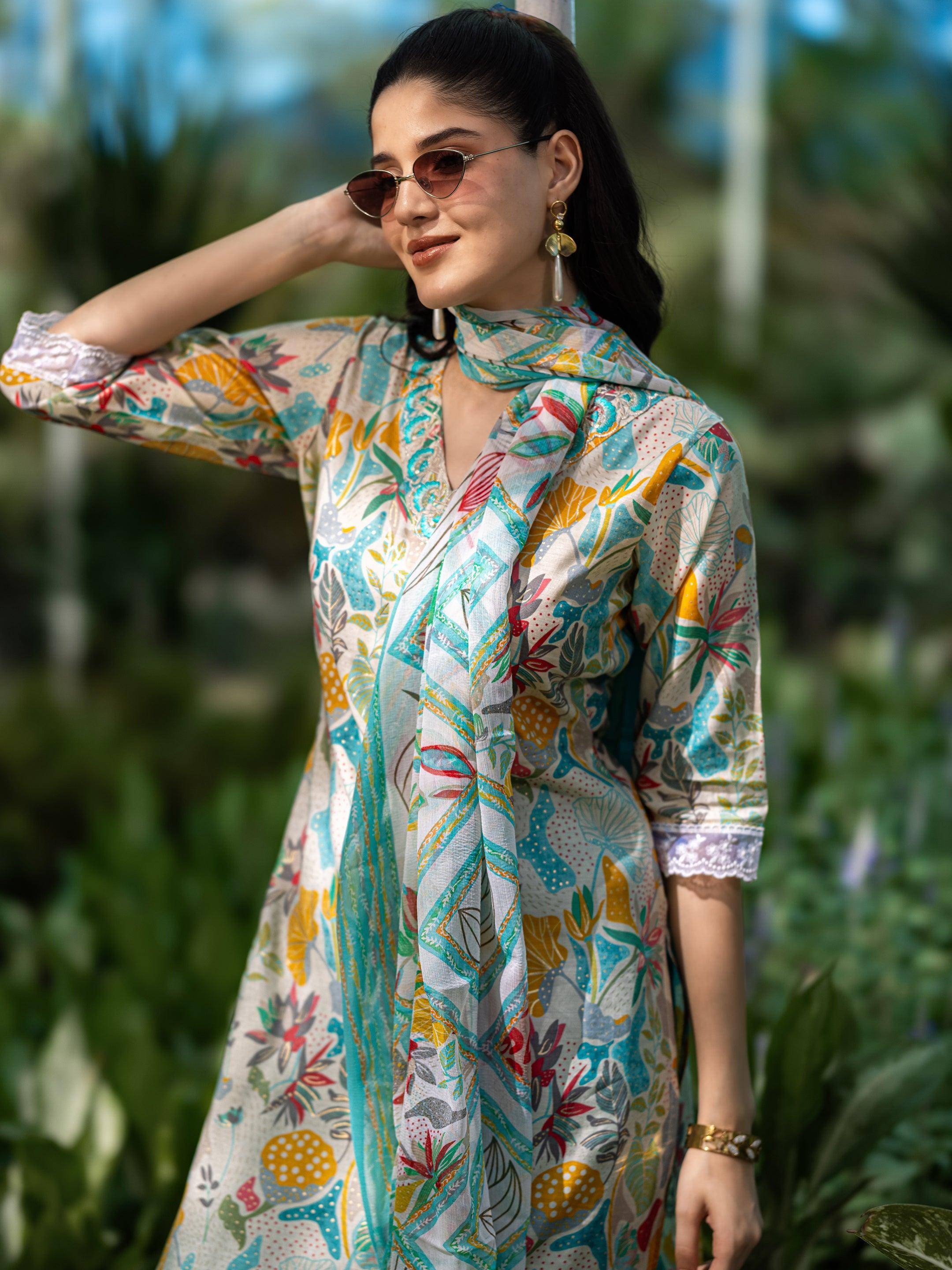 Multi Printed Silk Blend Straight Suit ... Buy only at ₹4499