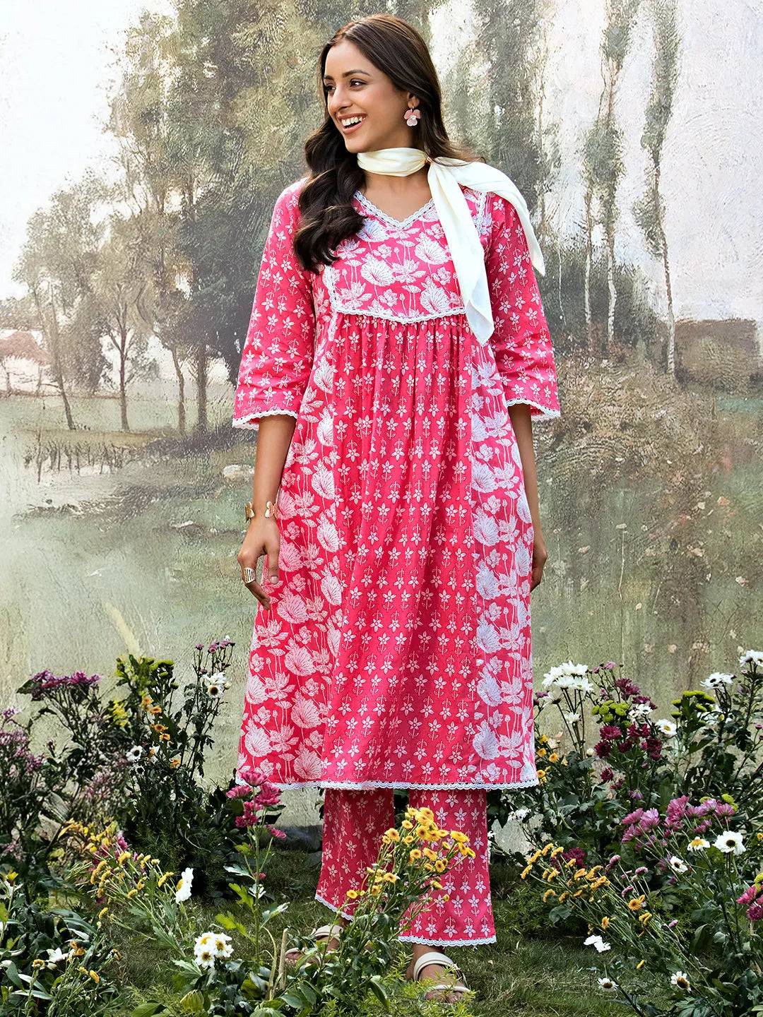 Pink Printed Cotton A-line  Kurta Set Buy only at ₹2799