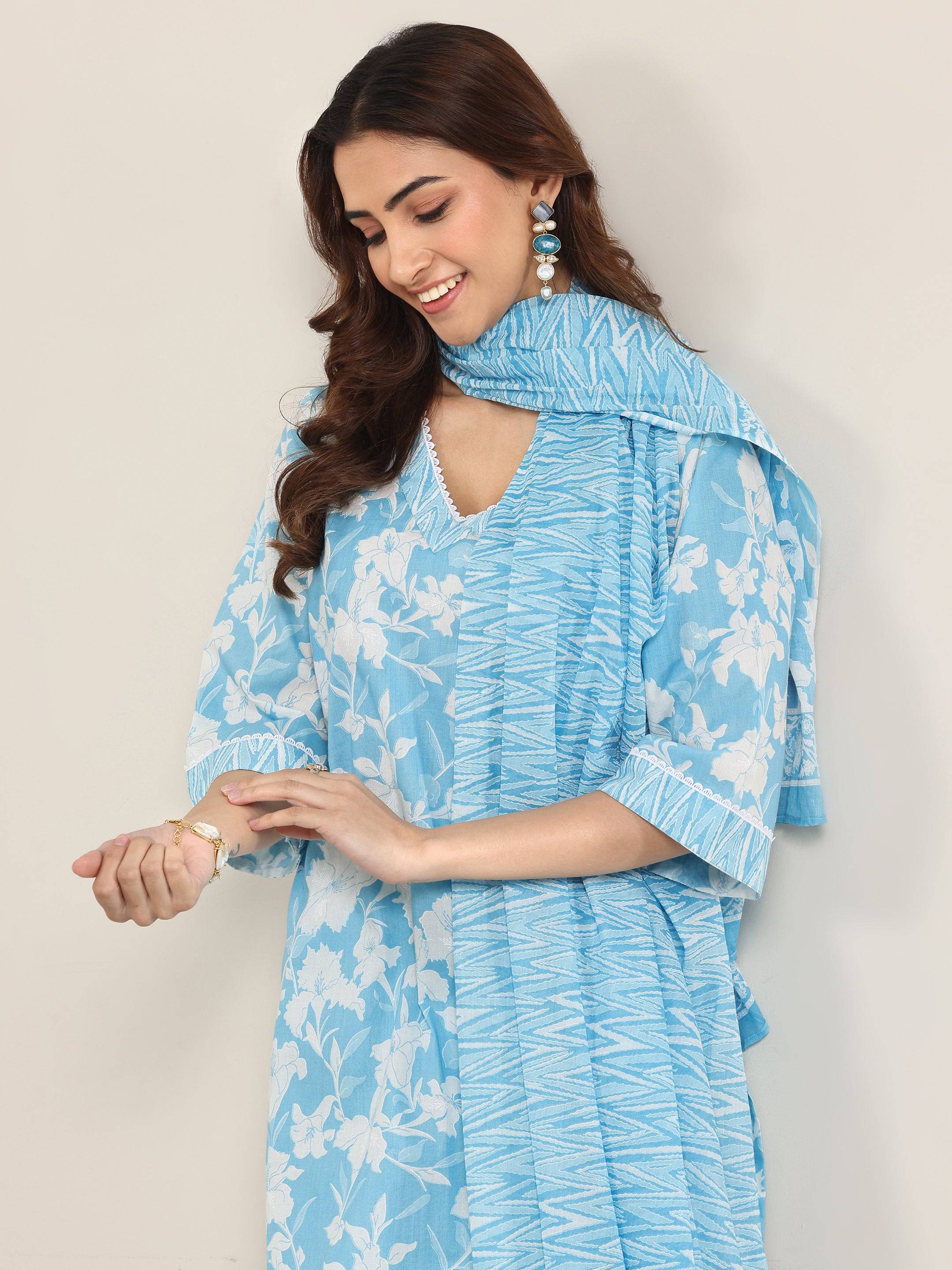 Blue Printed Cotton Straight Suit With ... Buy only at ₹2699