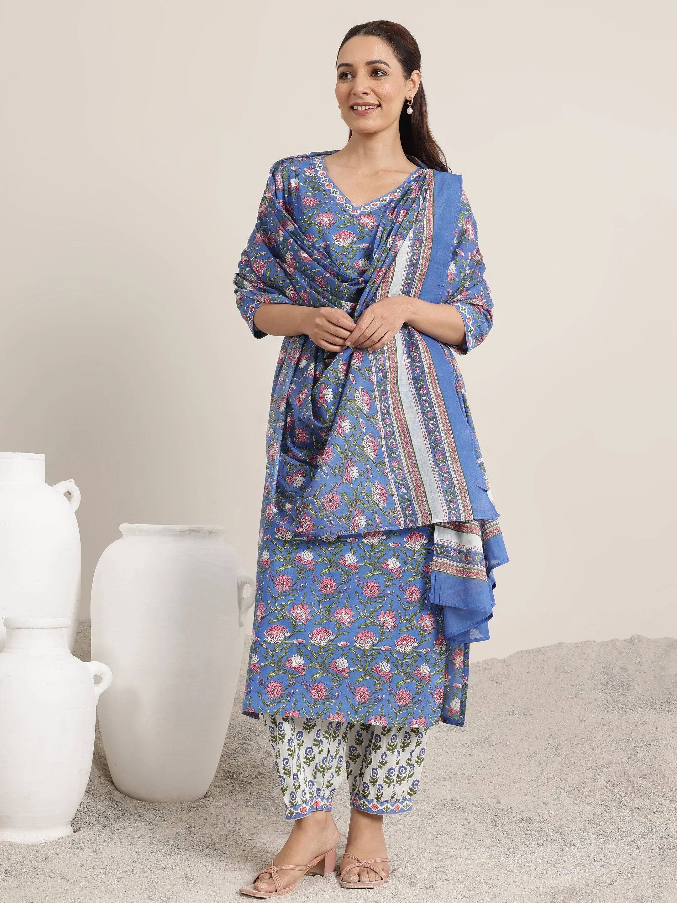 Blue Printed Cotton Straight Suit Set W... Buy only at ₹2999