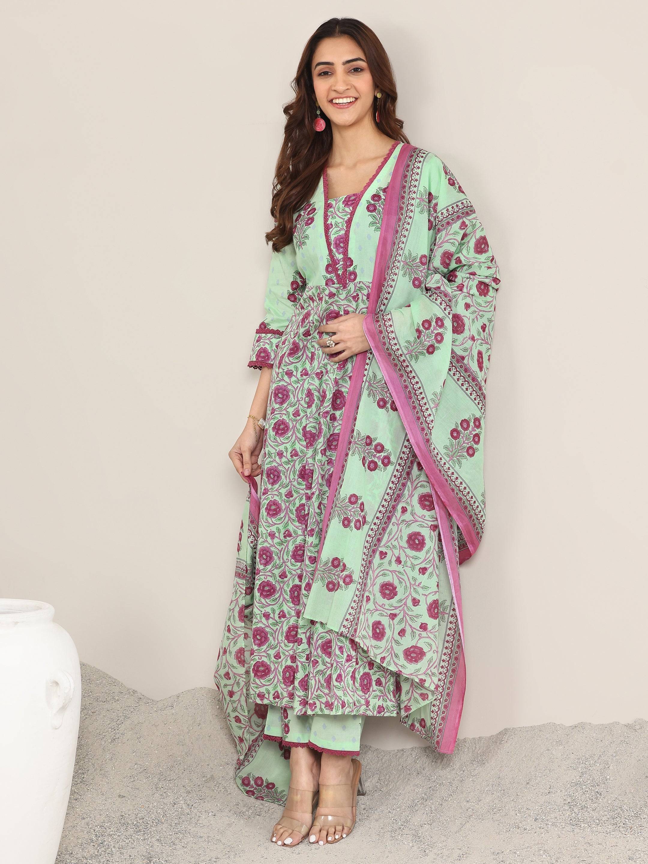 Green Printed Cotton A-Line Suit With D... Buy only at ₹5399