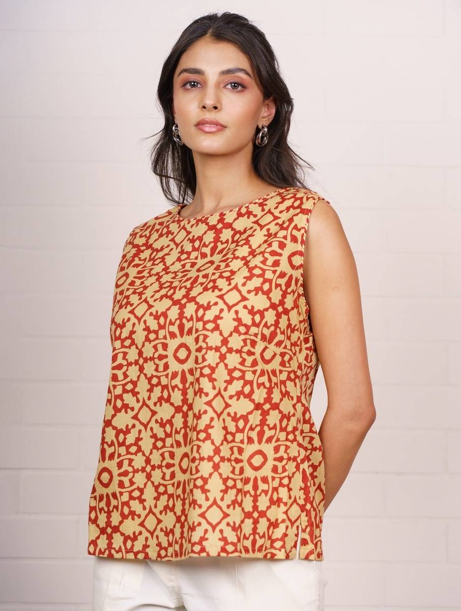 Women Red Cotton Printed Boat Neck Regular Fit Tops
