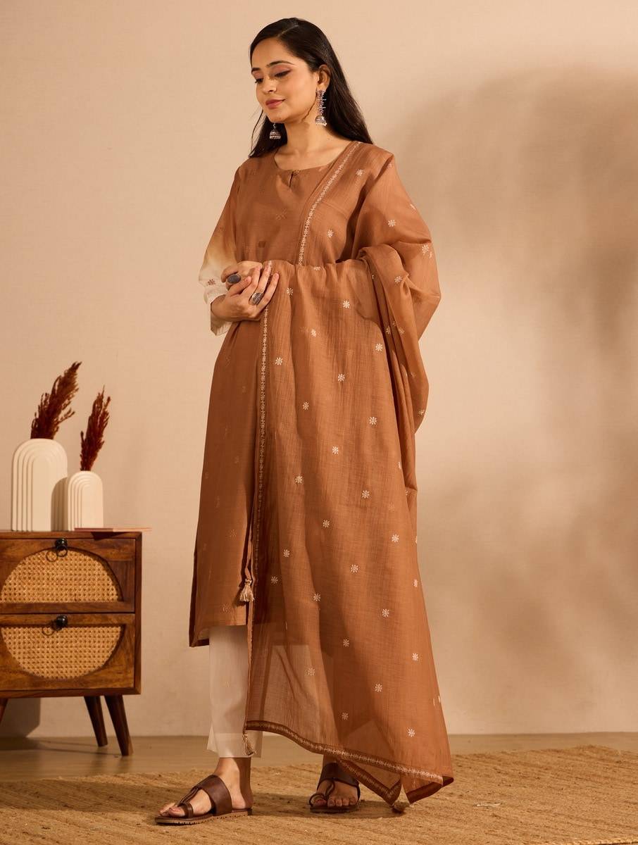Women Tan Brown Chanderi Silk Embroidered Kurta, Pants & Dupatta