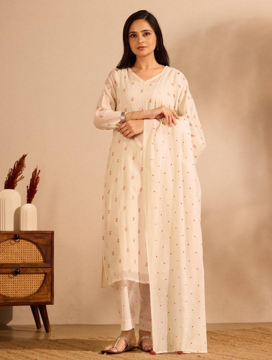 Women White Silk Cotton Embroidered Kurta, Slip, Pants & Dupatta