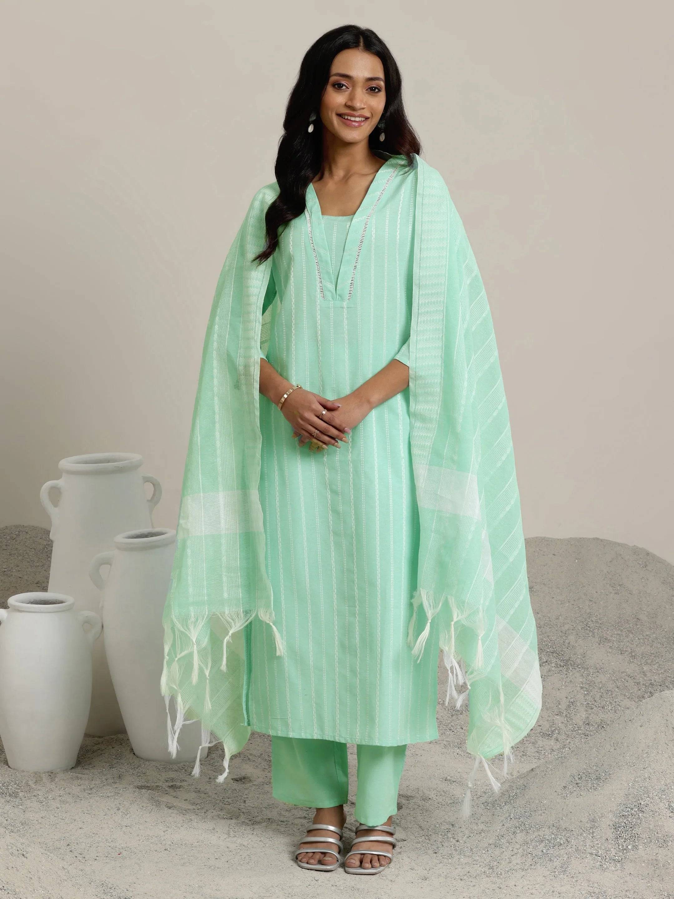 Green Woven Design Cotton Blend Straigh... Buy only at ₹2999