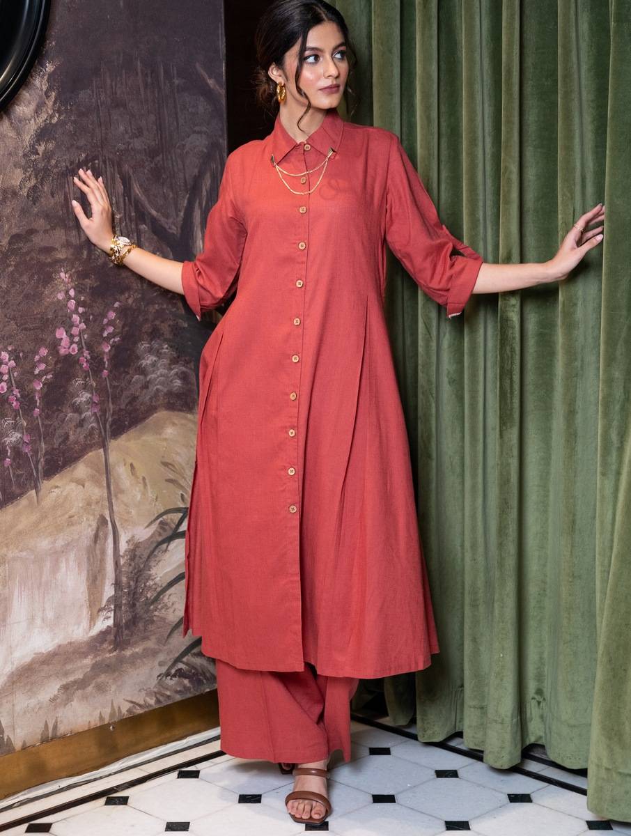Women Red Cotton Linen Kurta with Pants