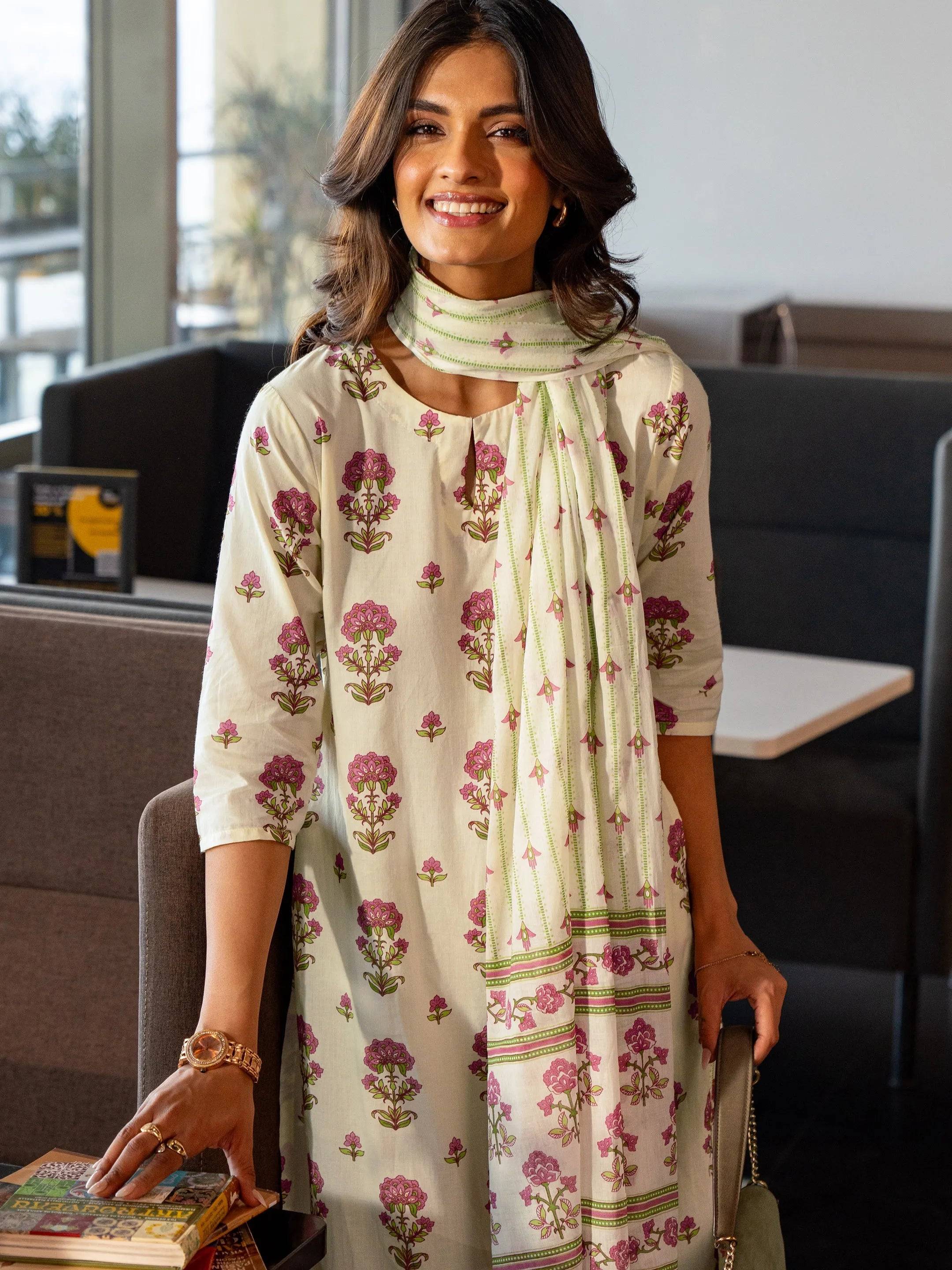 Off White Printed Cotton Straight Suit ... Buy only at ₹2999