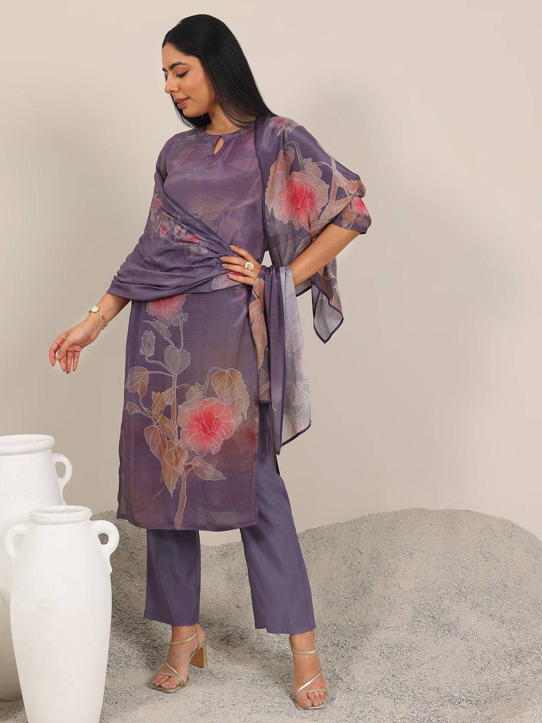 Mauve Printed Silk Blend Straight Suit ... Buy only at ₹3499