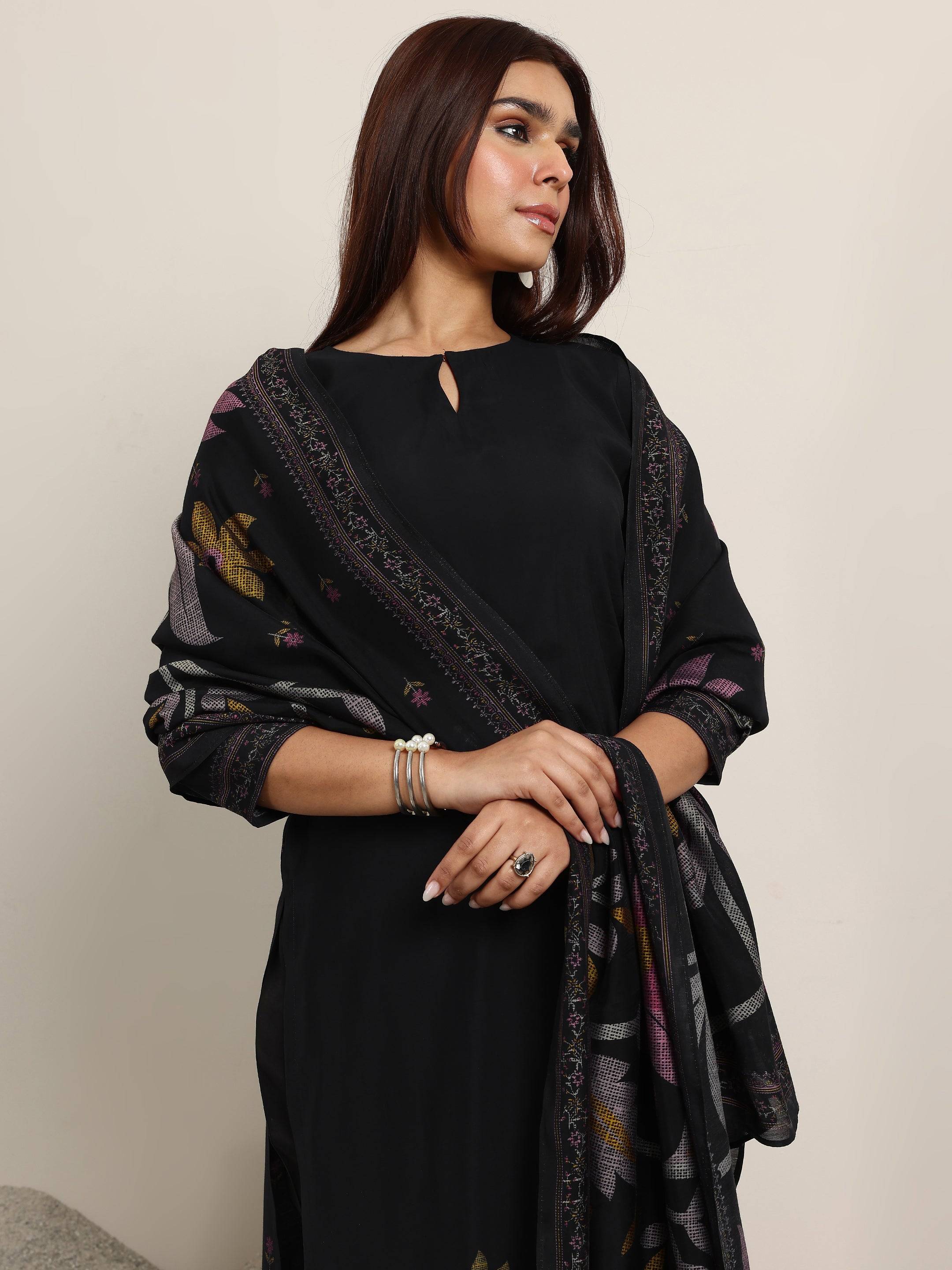 Black Printed Silk Blend Straight Suit ... Buy only at ₹5749