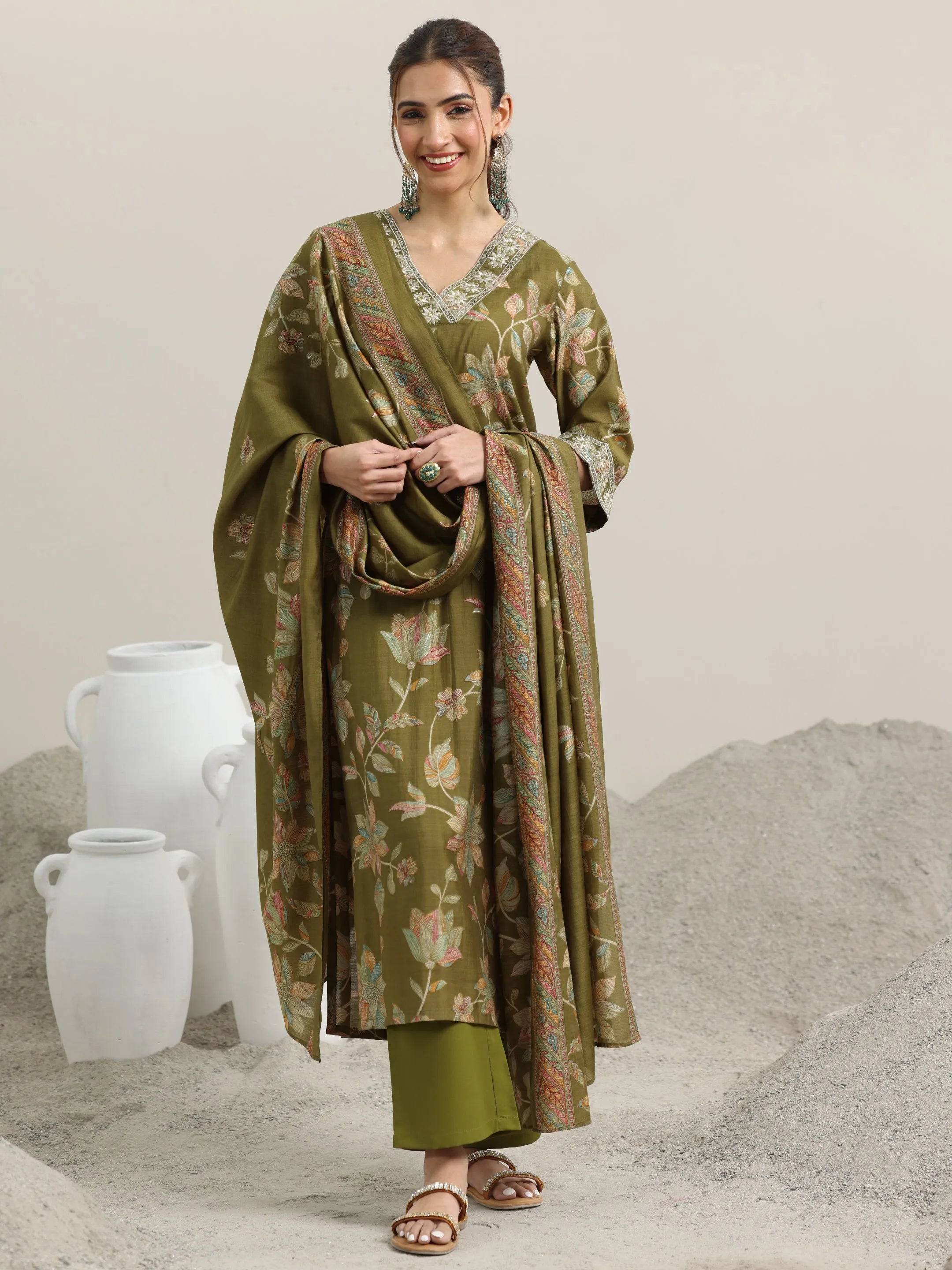 Olive Printed Silk Blend Straight Suit ... Buy only at ₹4949