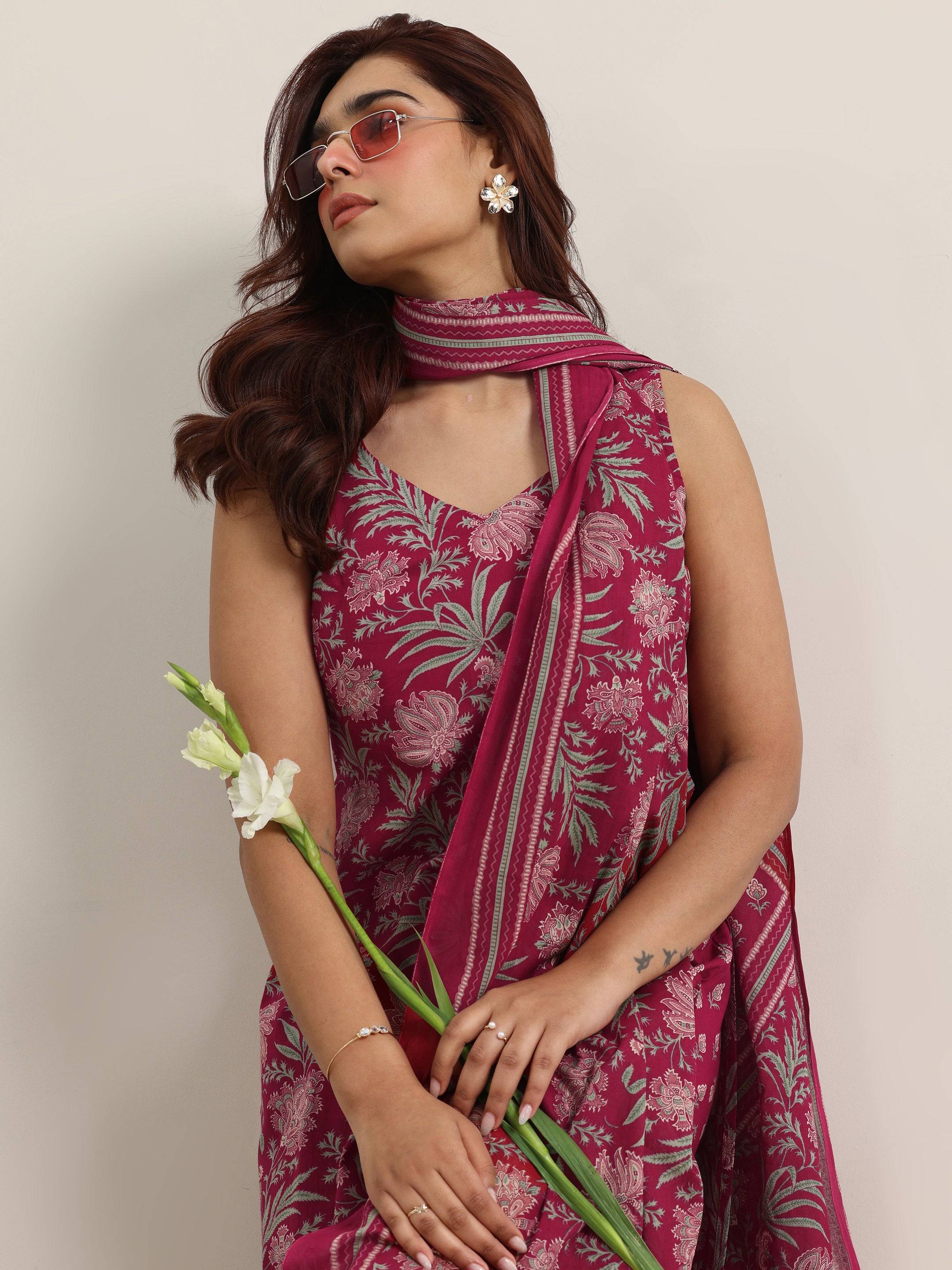 MAROON PRINTED COTTON SUIT WITH DISIGNER PANT