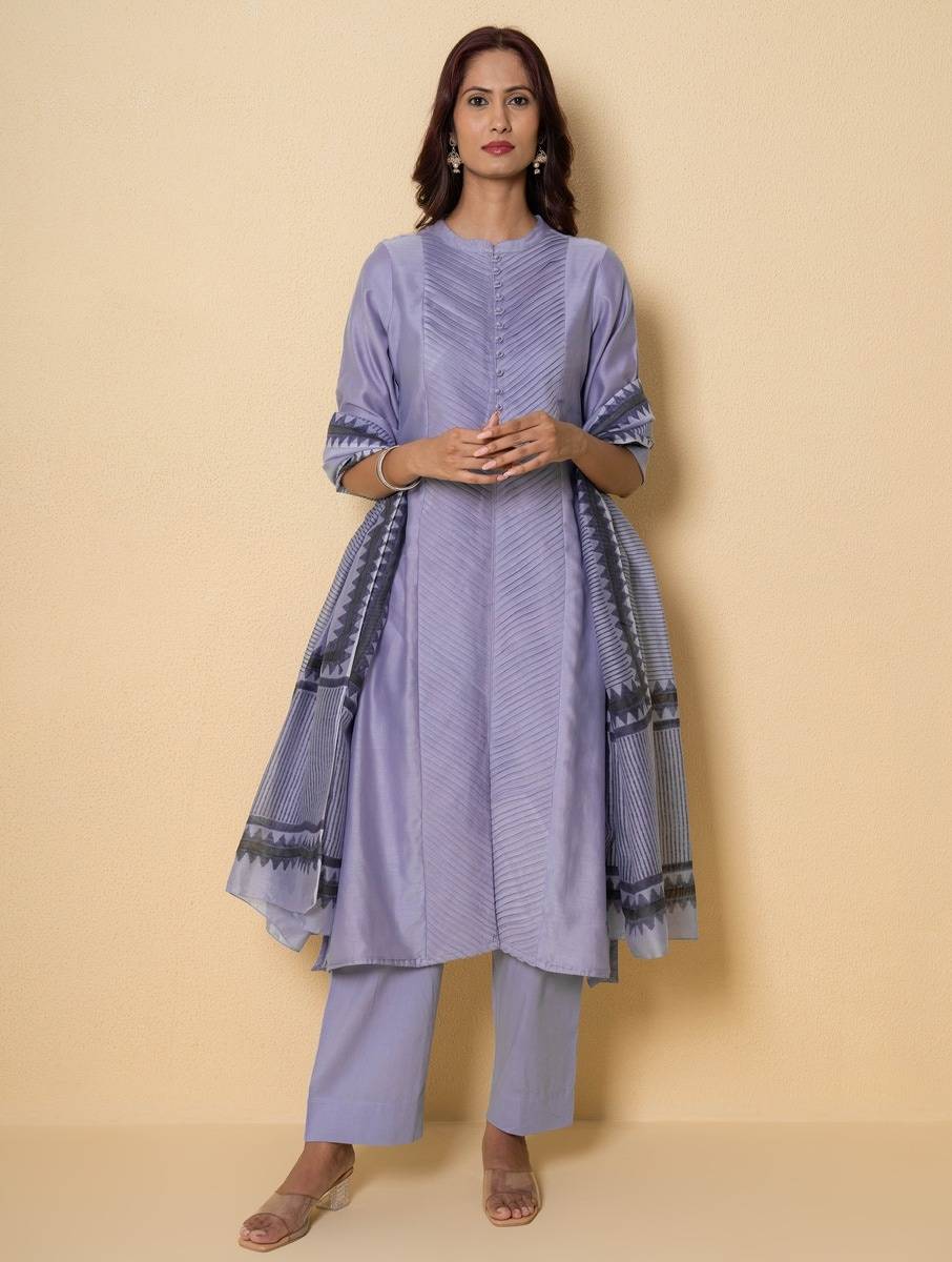 Women Purple Chanderi Block Print Kurta, Pants & Dupatta