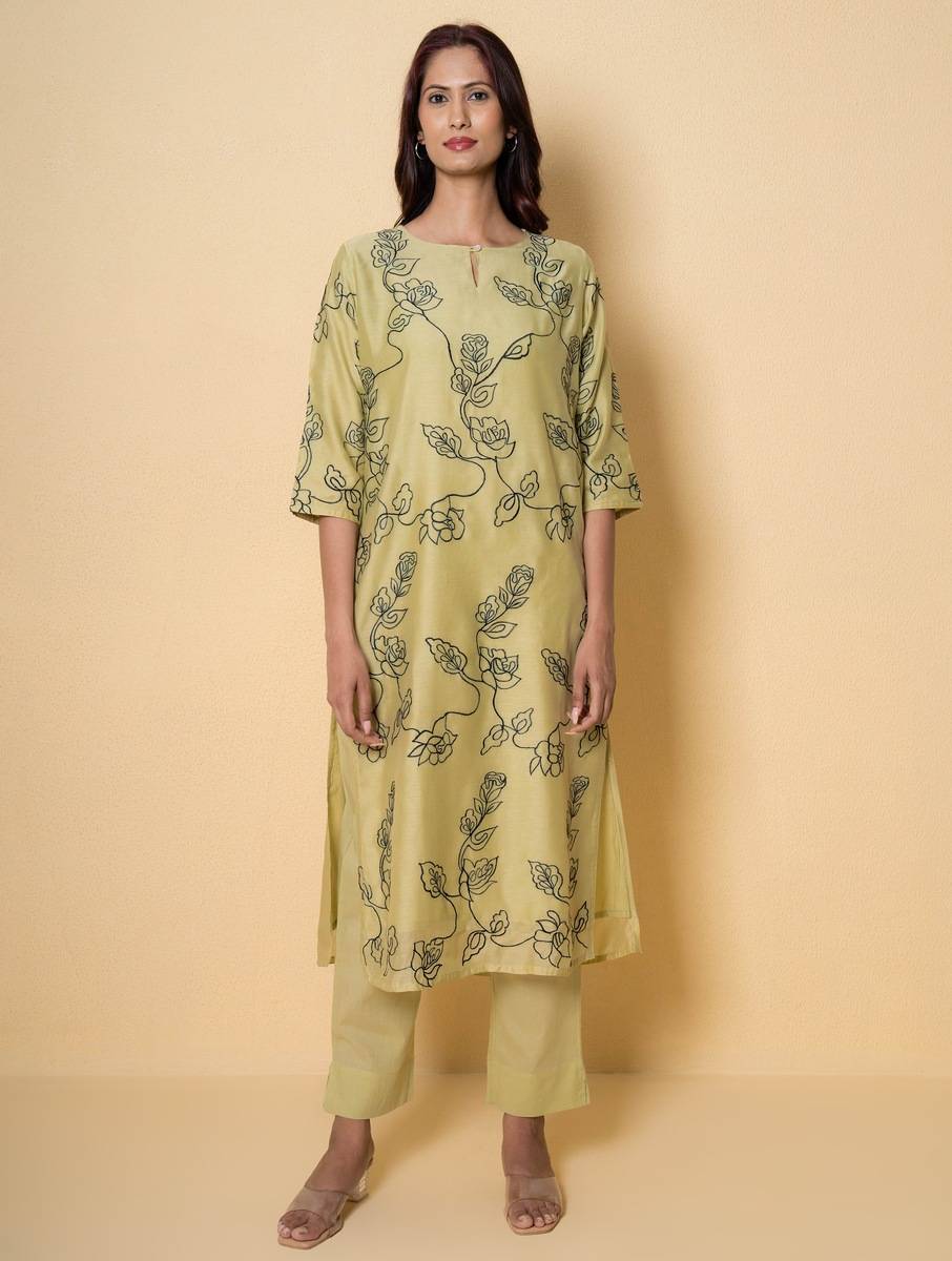 Women Pista Green Chanderi Embroidered Kurta with Pants