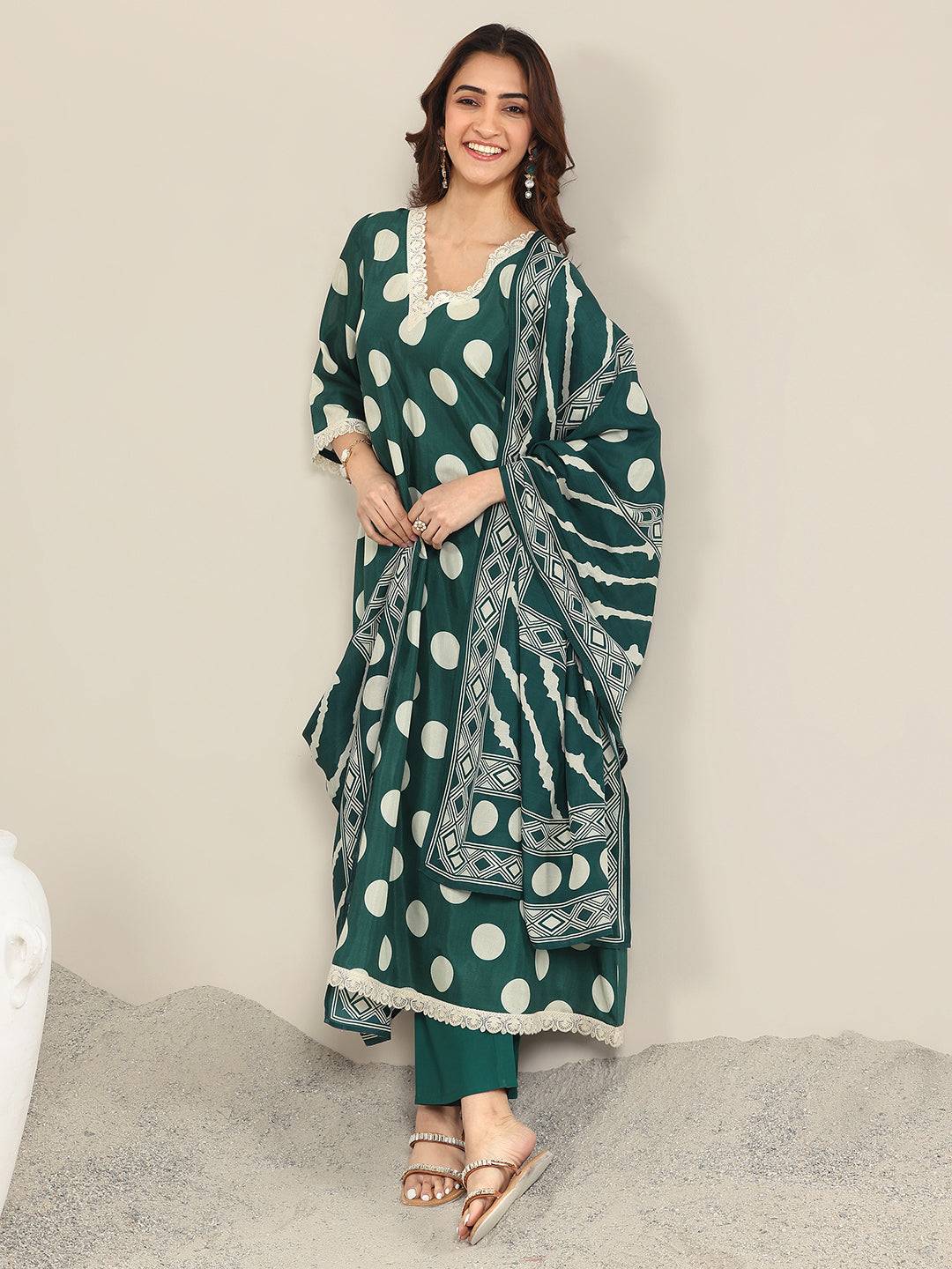 Green Printed Silk Blend A-Line Suit WI... Buy only at ₹3499