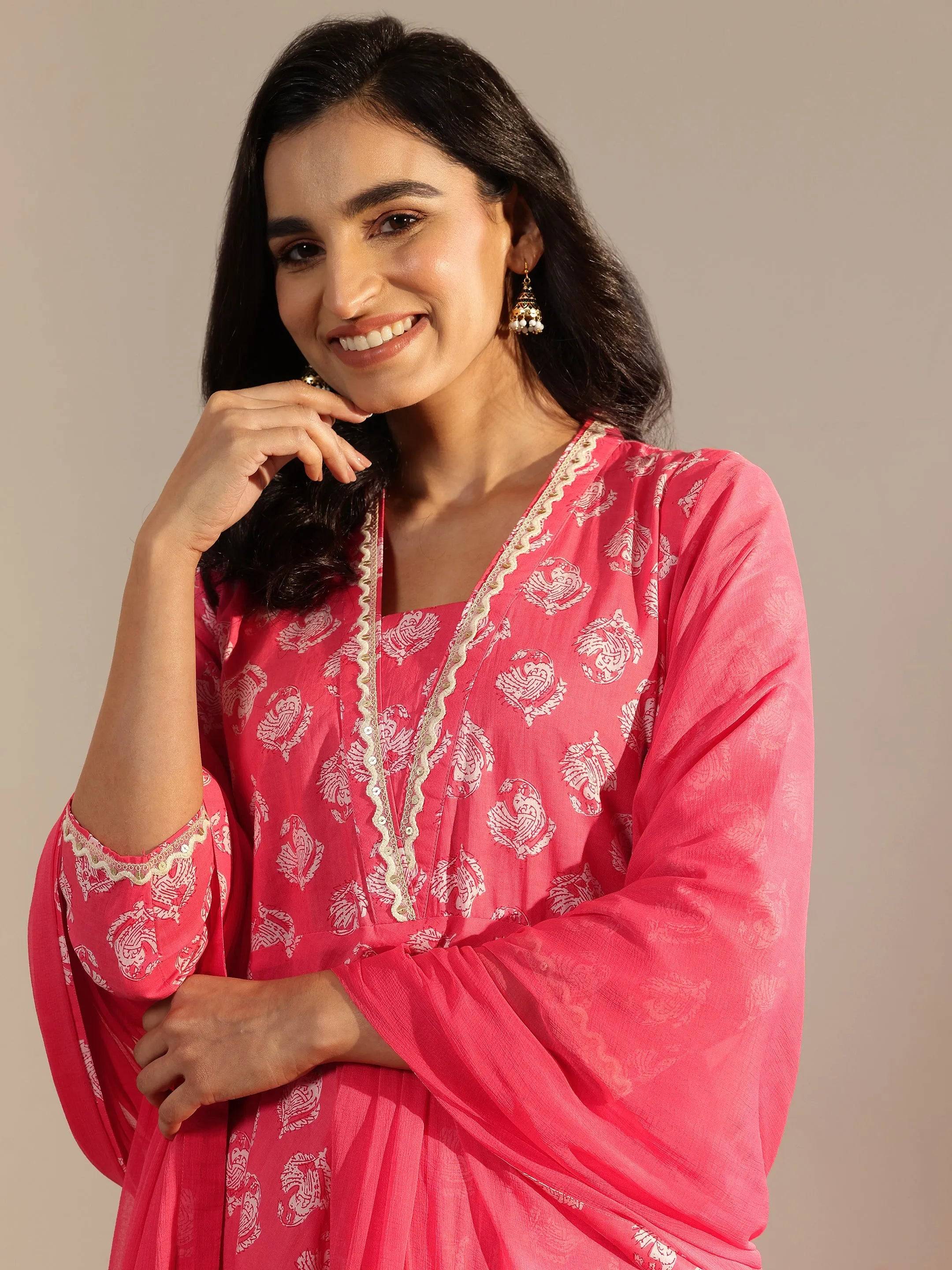 Peach Printed Cotton Anarkali Suit Set ... Buy only at ₹2999