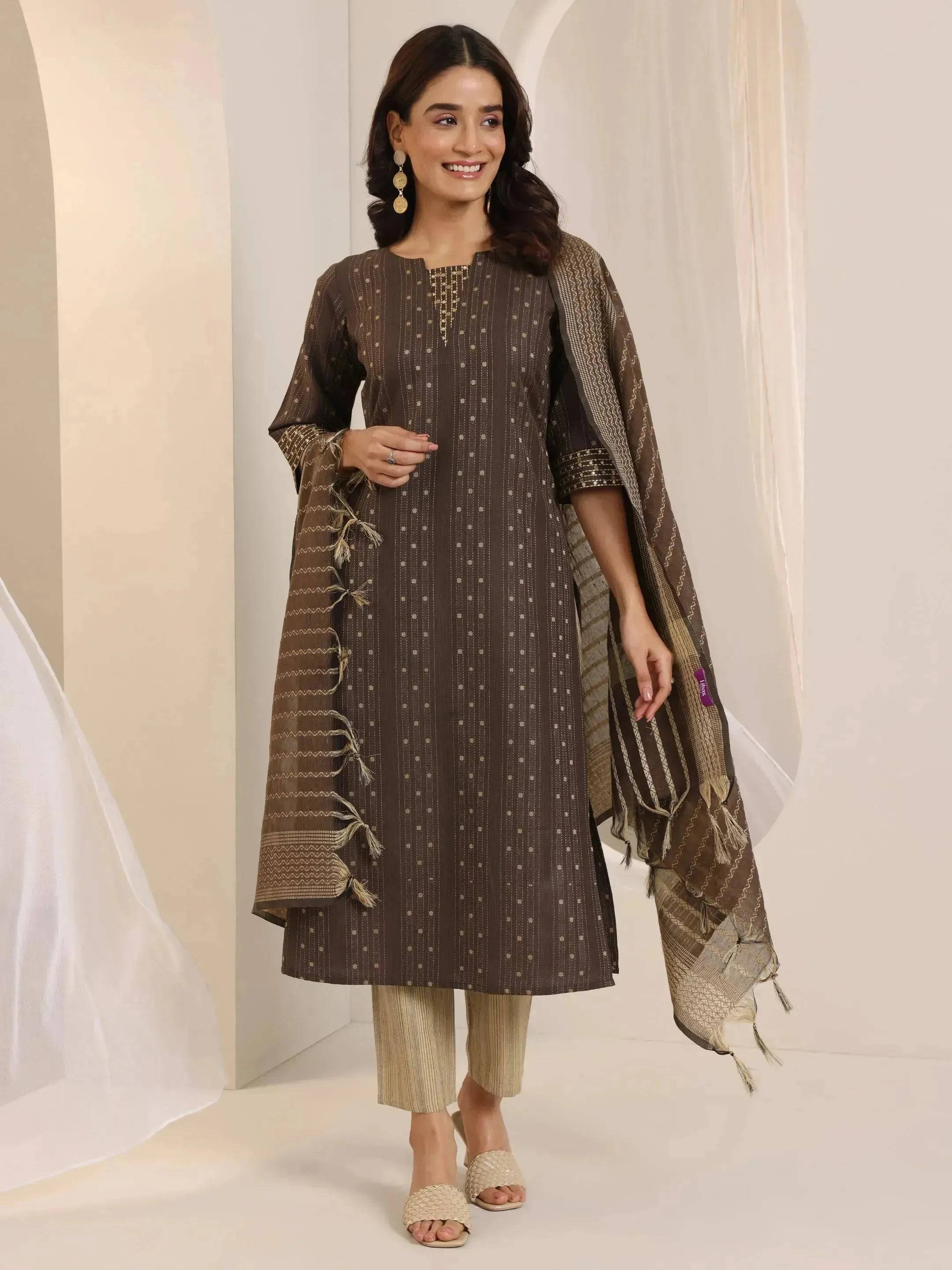 Brown Woven Design Cotton Blend Straigh... Buy only at ₹2499