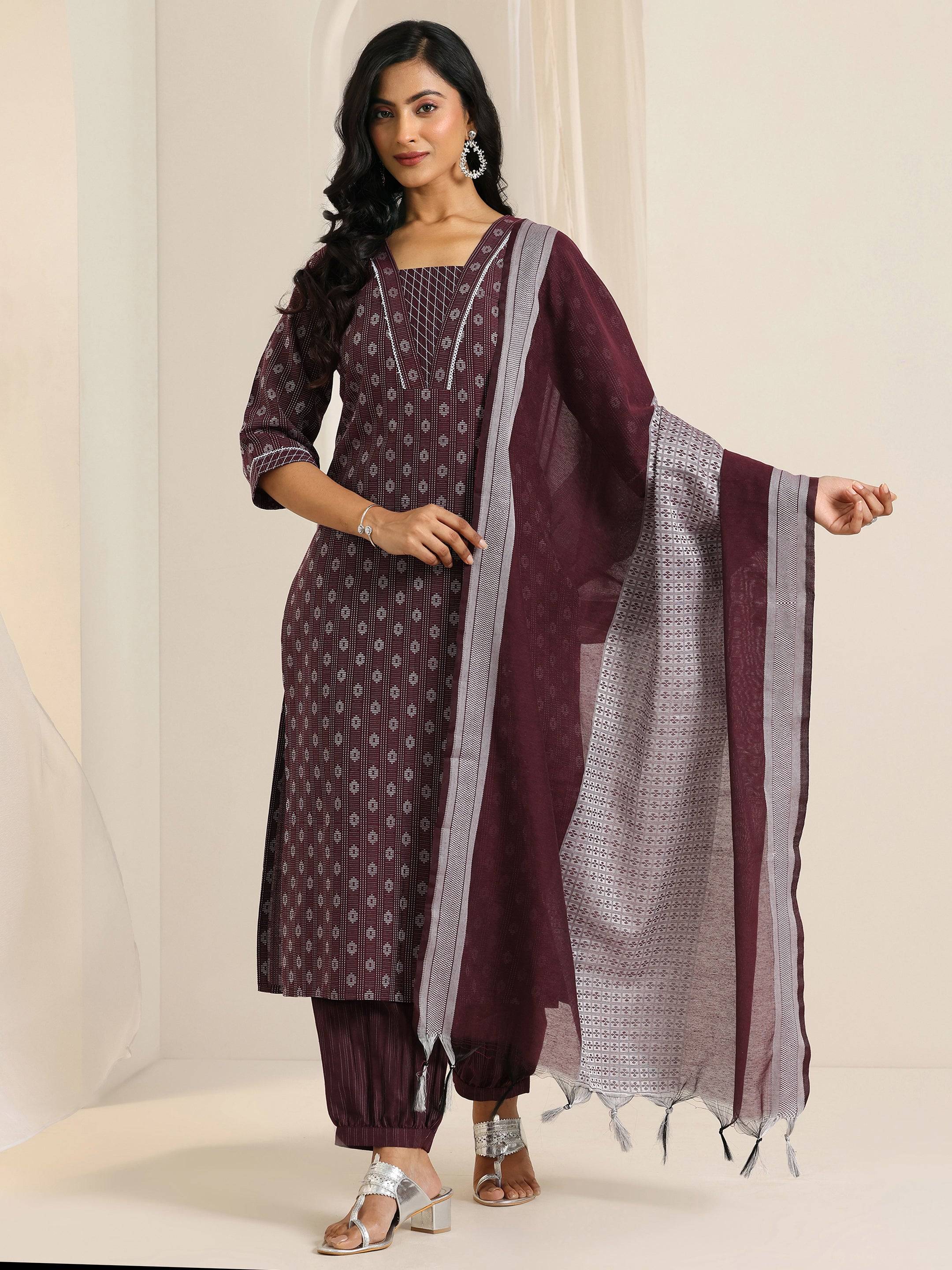 Maroon Woven Design Cotton Blend Straig... Buy only at ₹2499