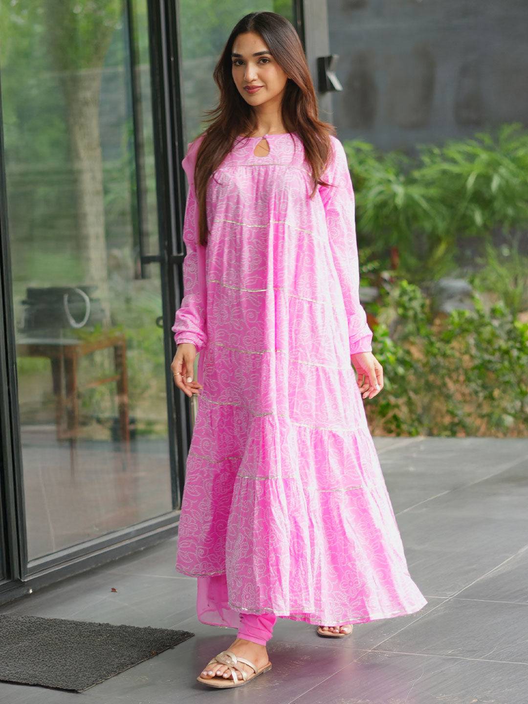 Pink Floral Printed Cotton Flared Suit ... Buy only at ₹3699