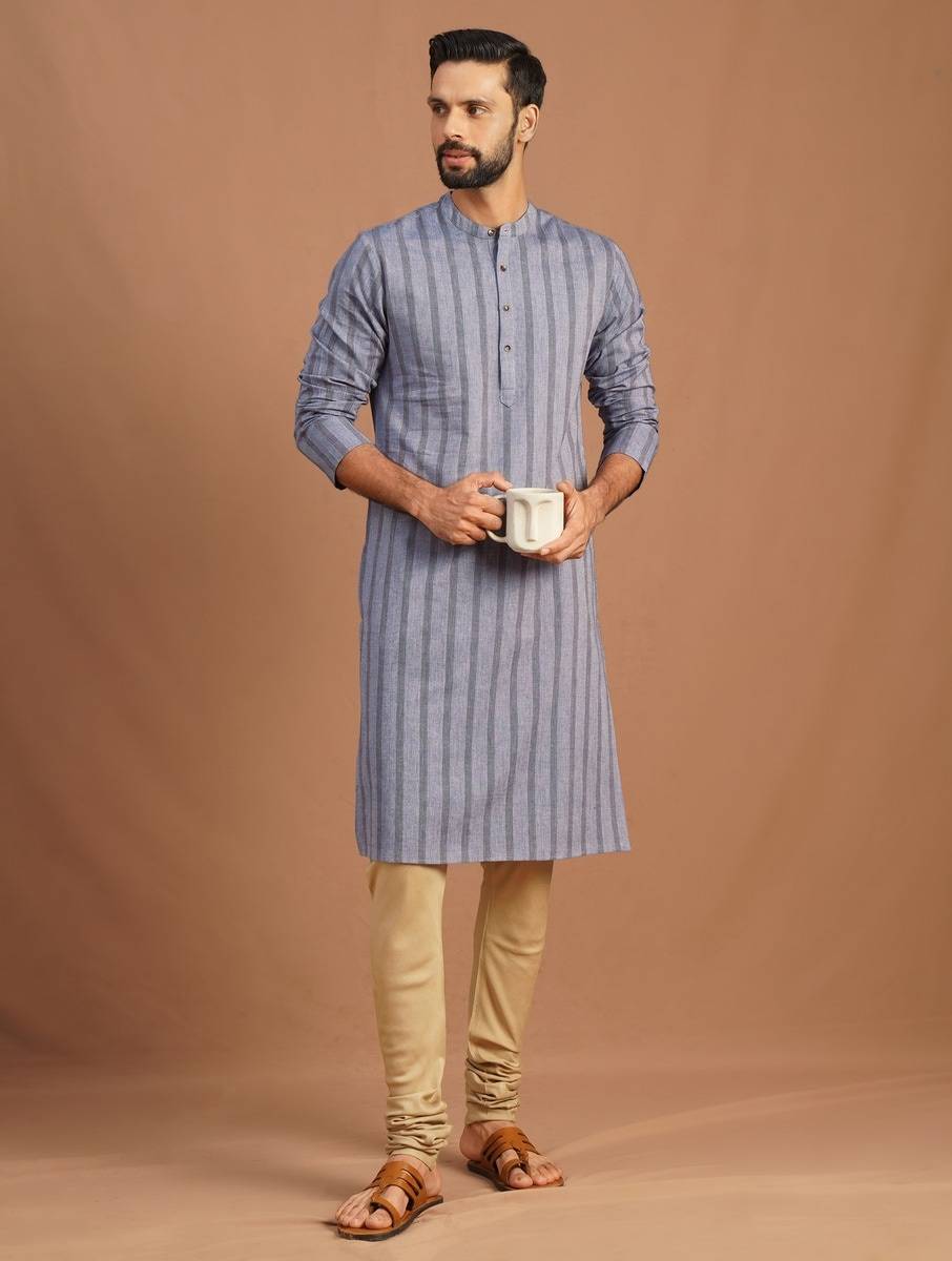 Men Blue Cotton Mandarin Collar Straight Fit Kurta