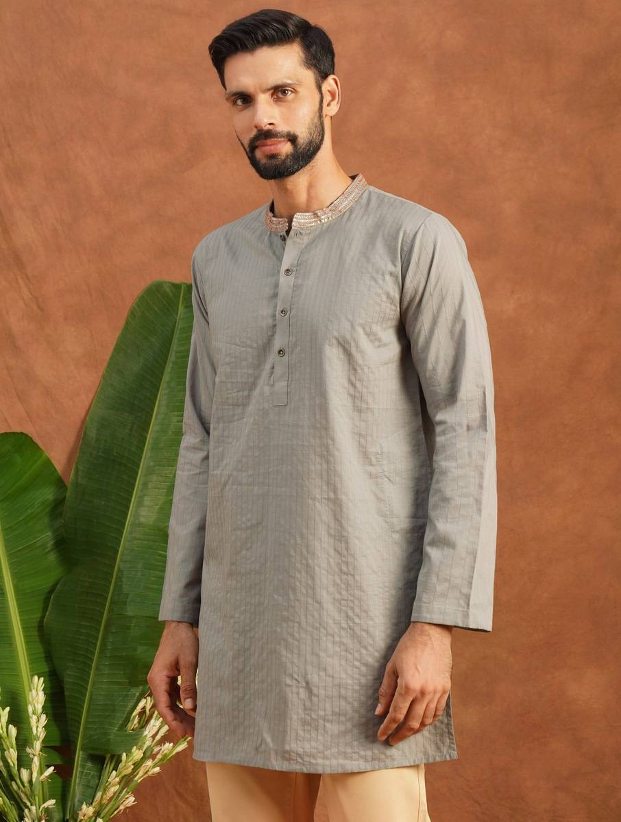 Men Grey Cotton Gota Patti Mandarin Collar Straight Fit Kurta