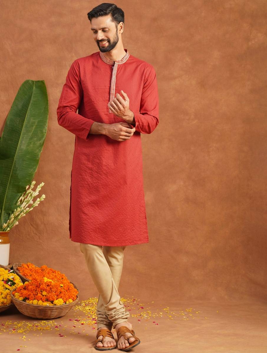 Men Red Cotton Gota Patti Mandarin Collar Straight Fit Kurta