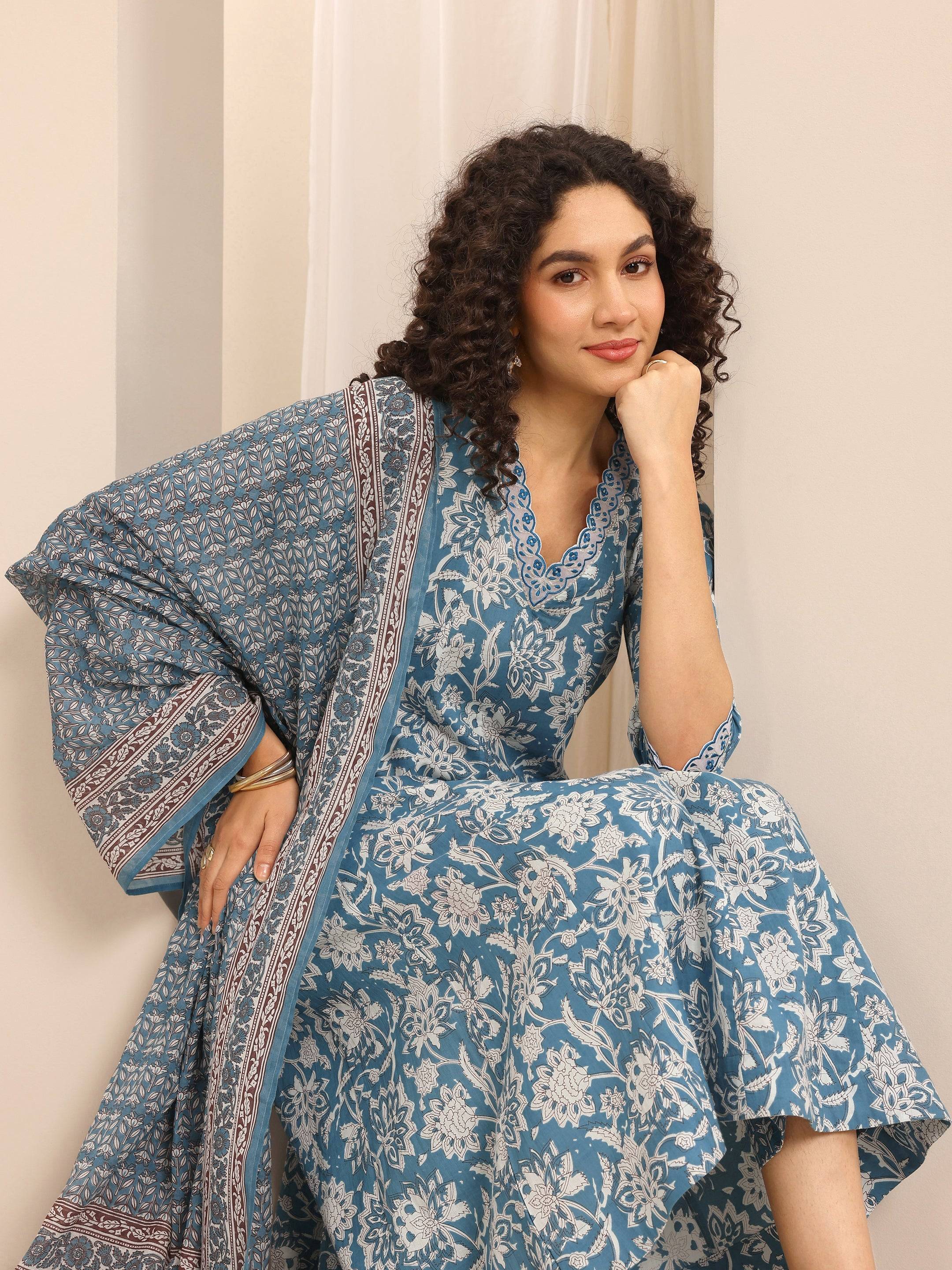 Blue Printed Cotton Blend Anarkali Suit... Buy only at ₹2999