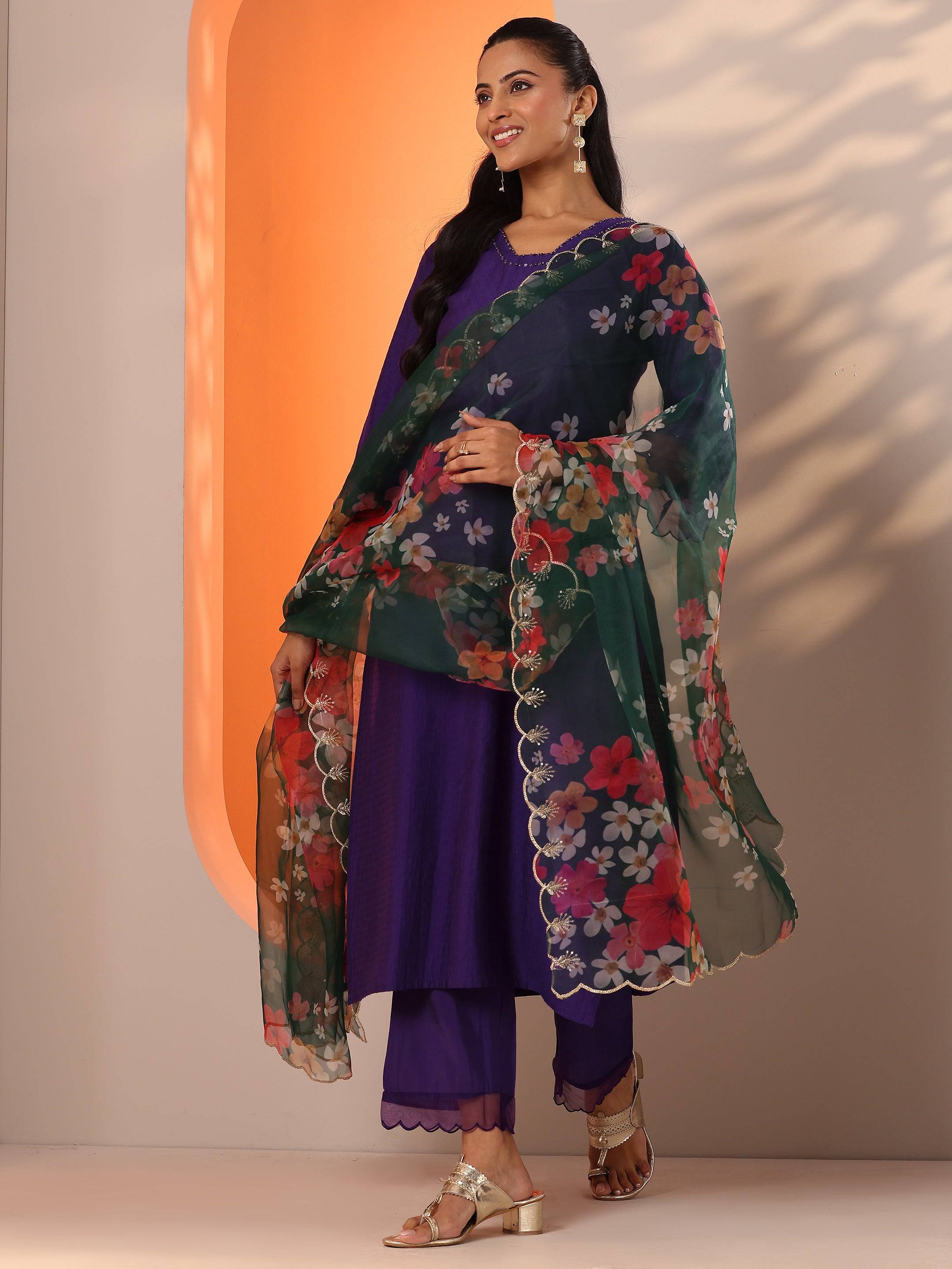 Purple Woven Design Silk Blend Straight... Buy only at ₹1999