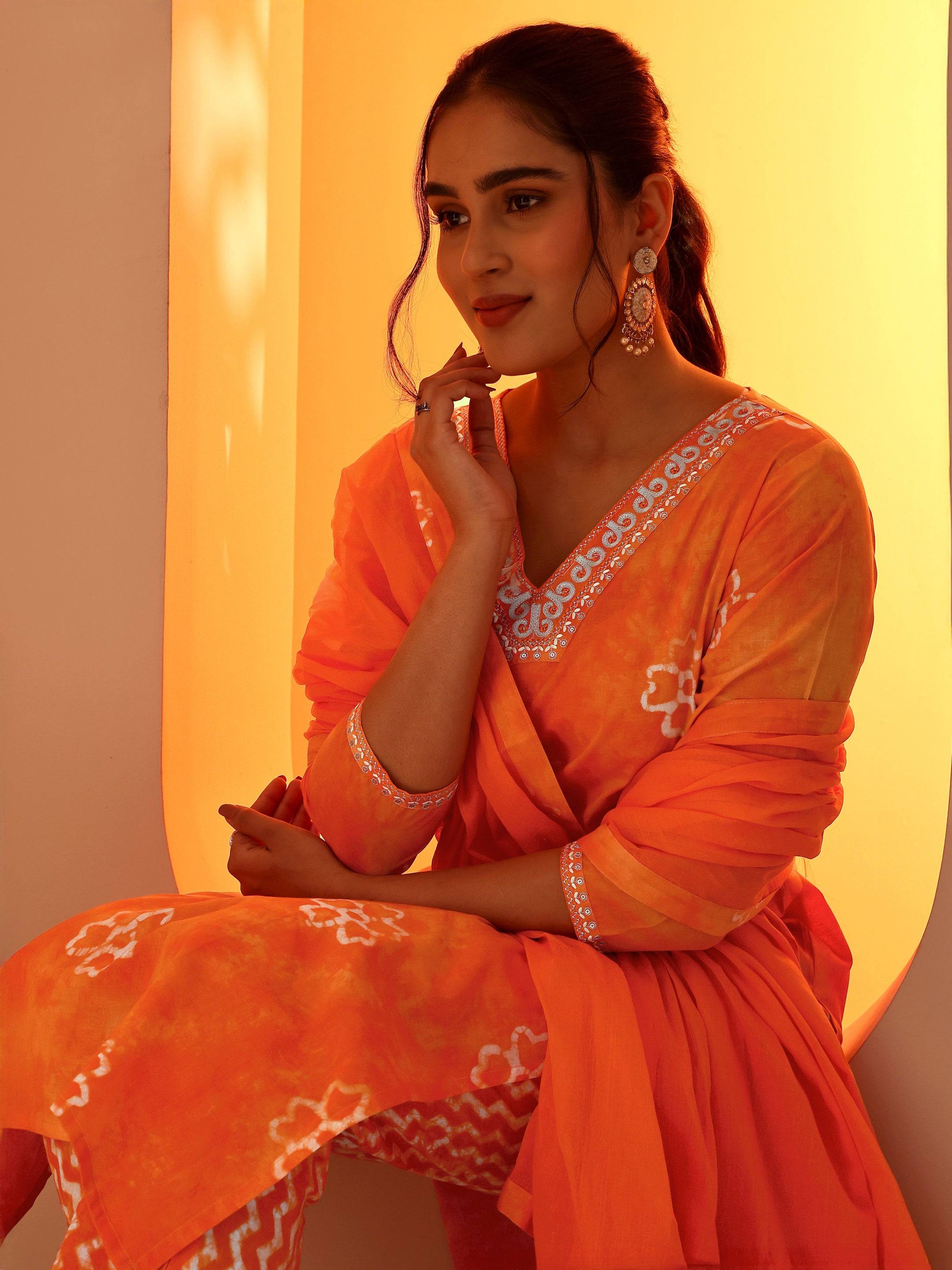 Orange Printed Cotton Straight Suit Set... Buy only at ₹2999