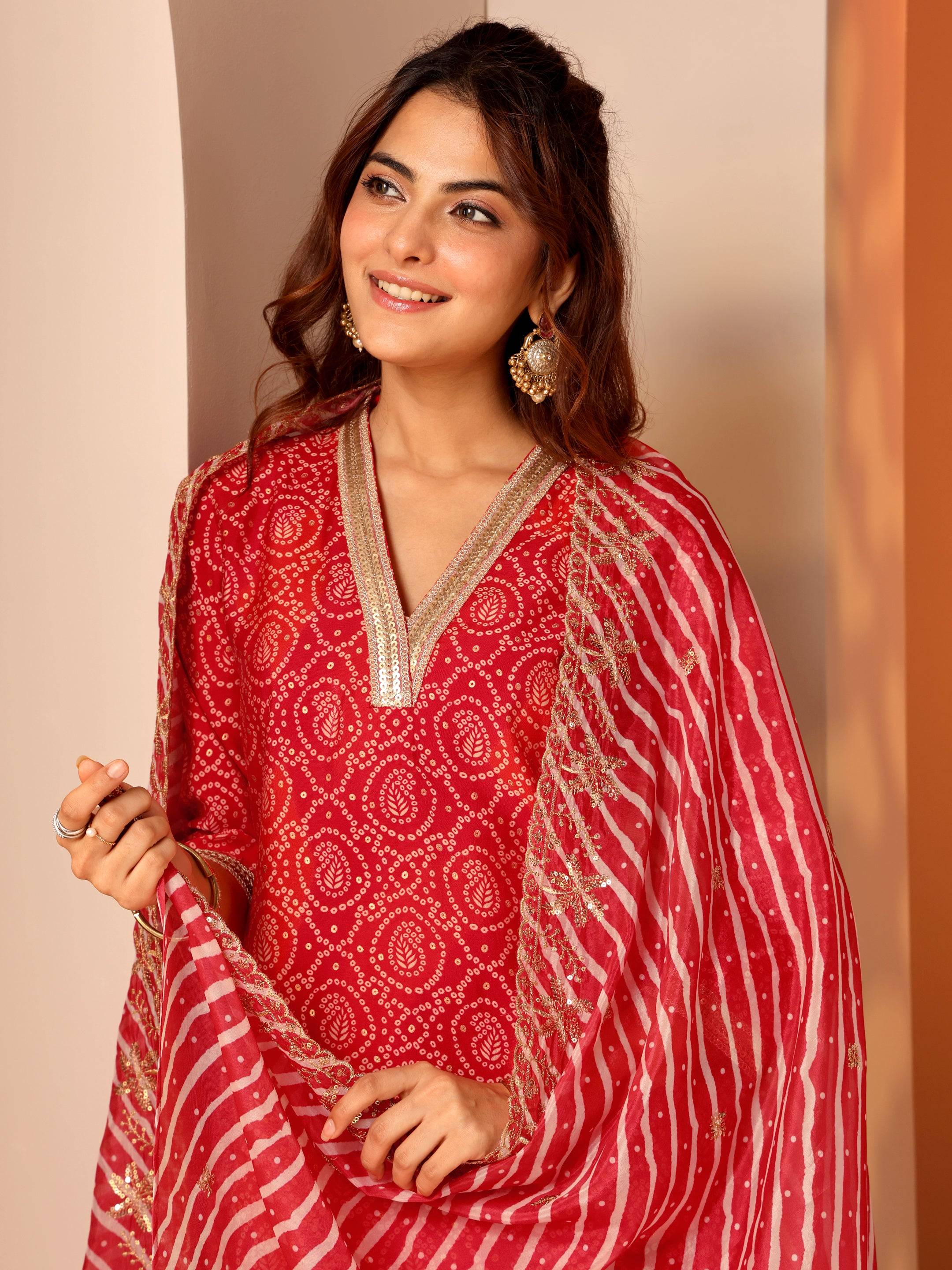 Red Printed Silk Blend Straight Suit Se... Buy only at ₹2999