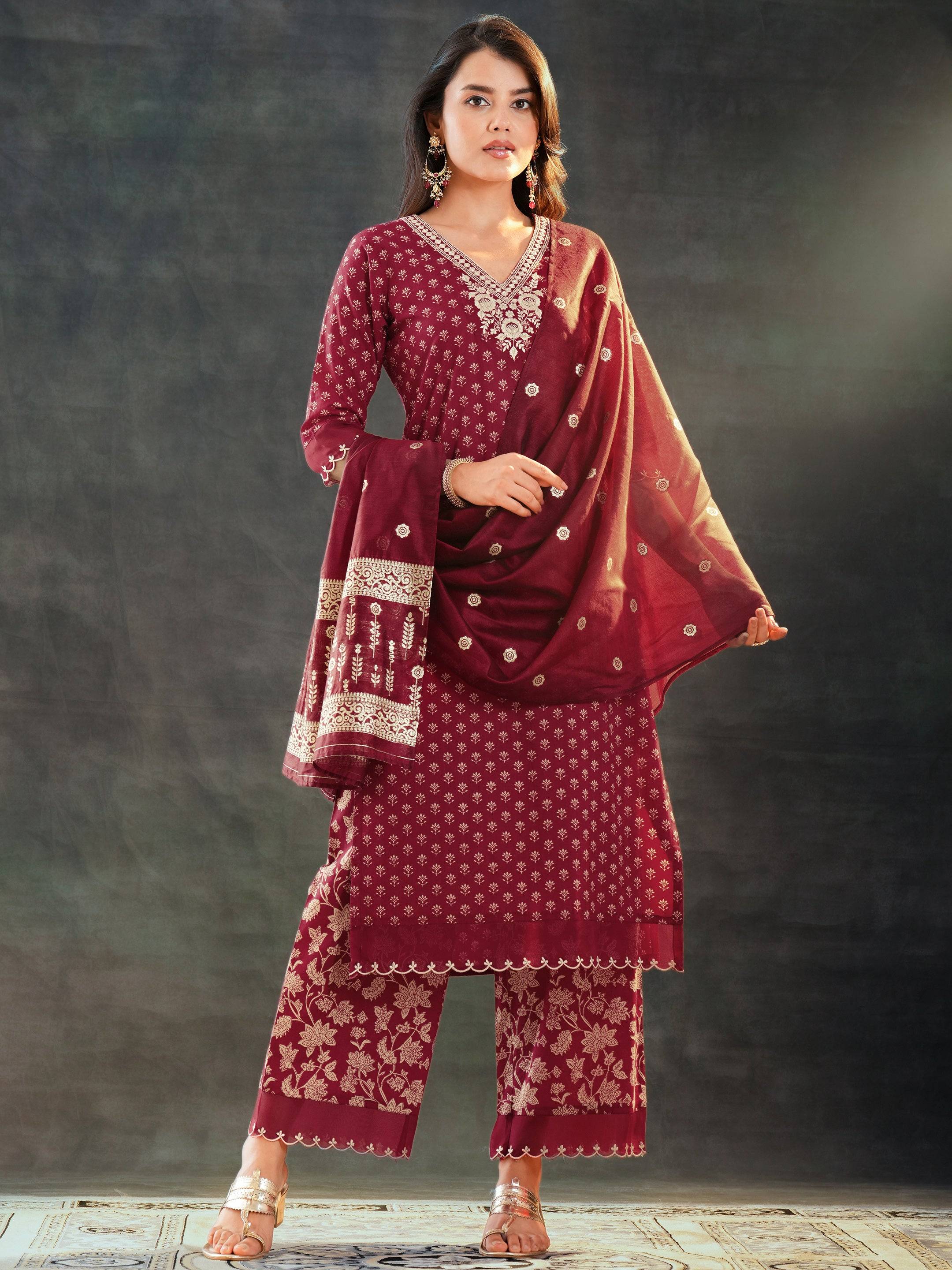 Maroon Woven Design Cotton Straight Sui... Buy only at ₹3499