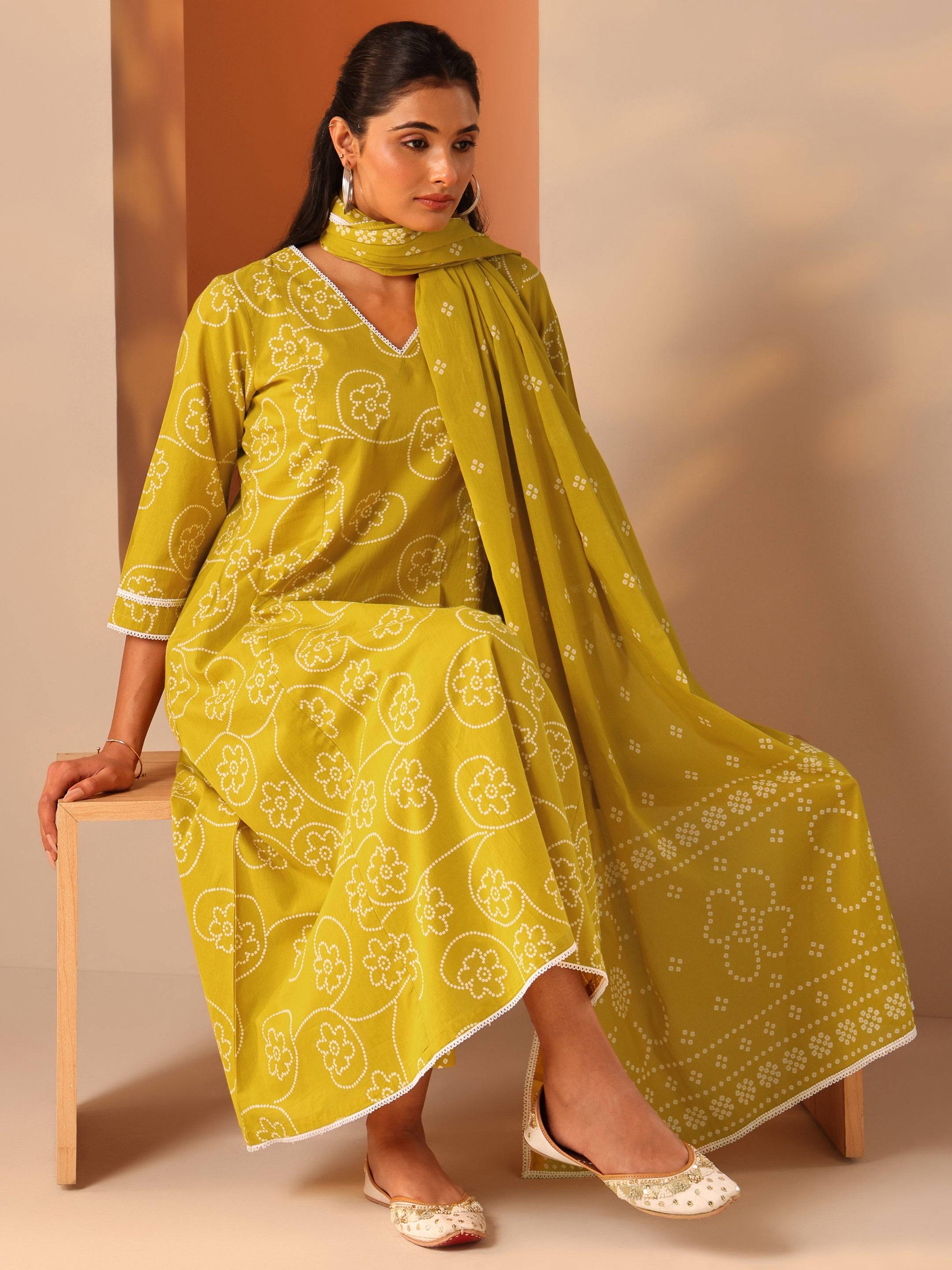 Mustard Printed Cotton A-Line Suit Set ... Buy only at ₹2499