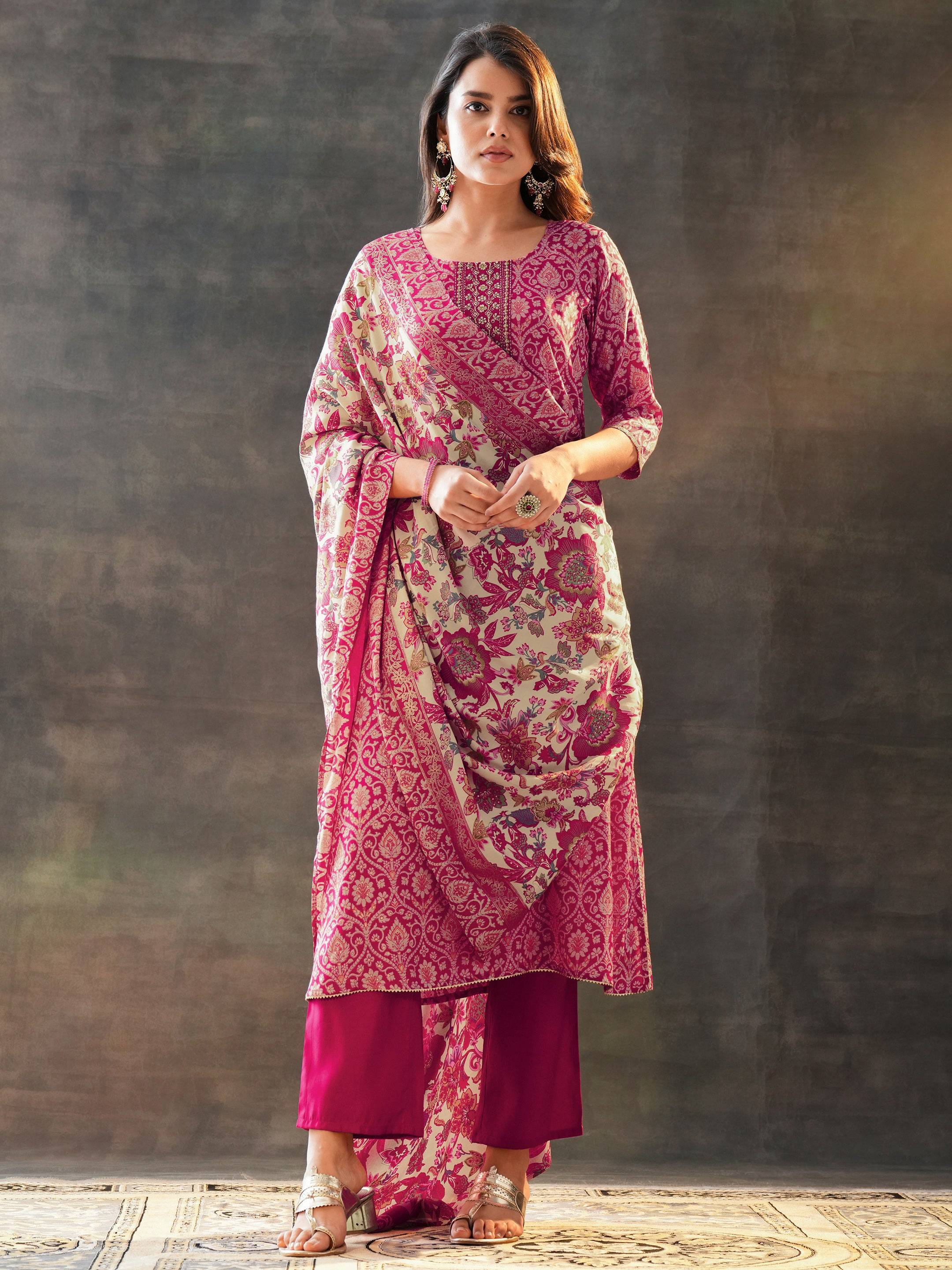 Pink Printed Silk Blend Straight Suit S... Buy only at ₹3499