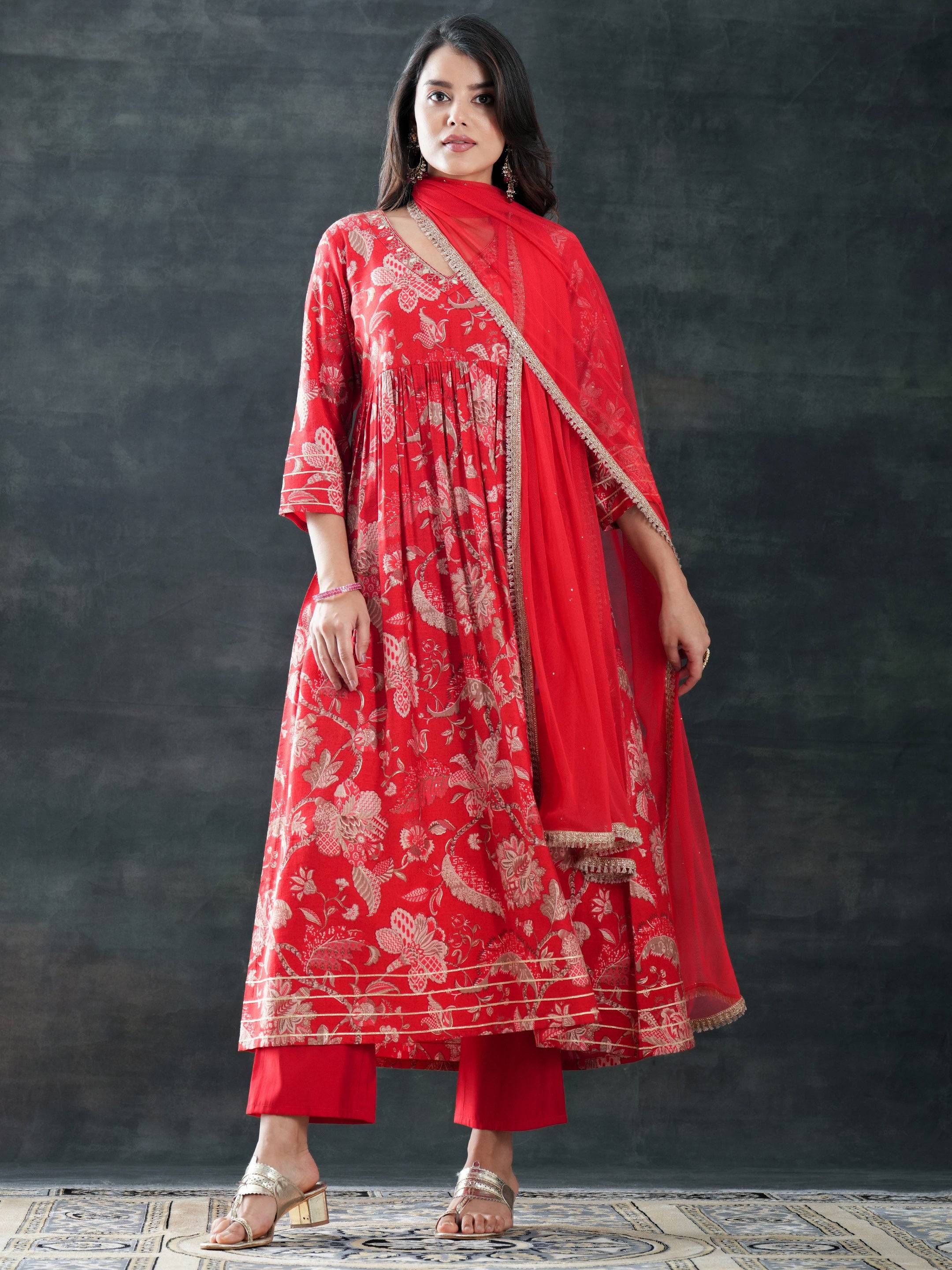 Red Printed Silk Blend Anarkali Suit Se... Buy only at ₹3999