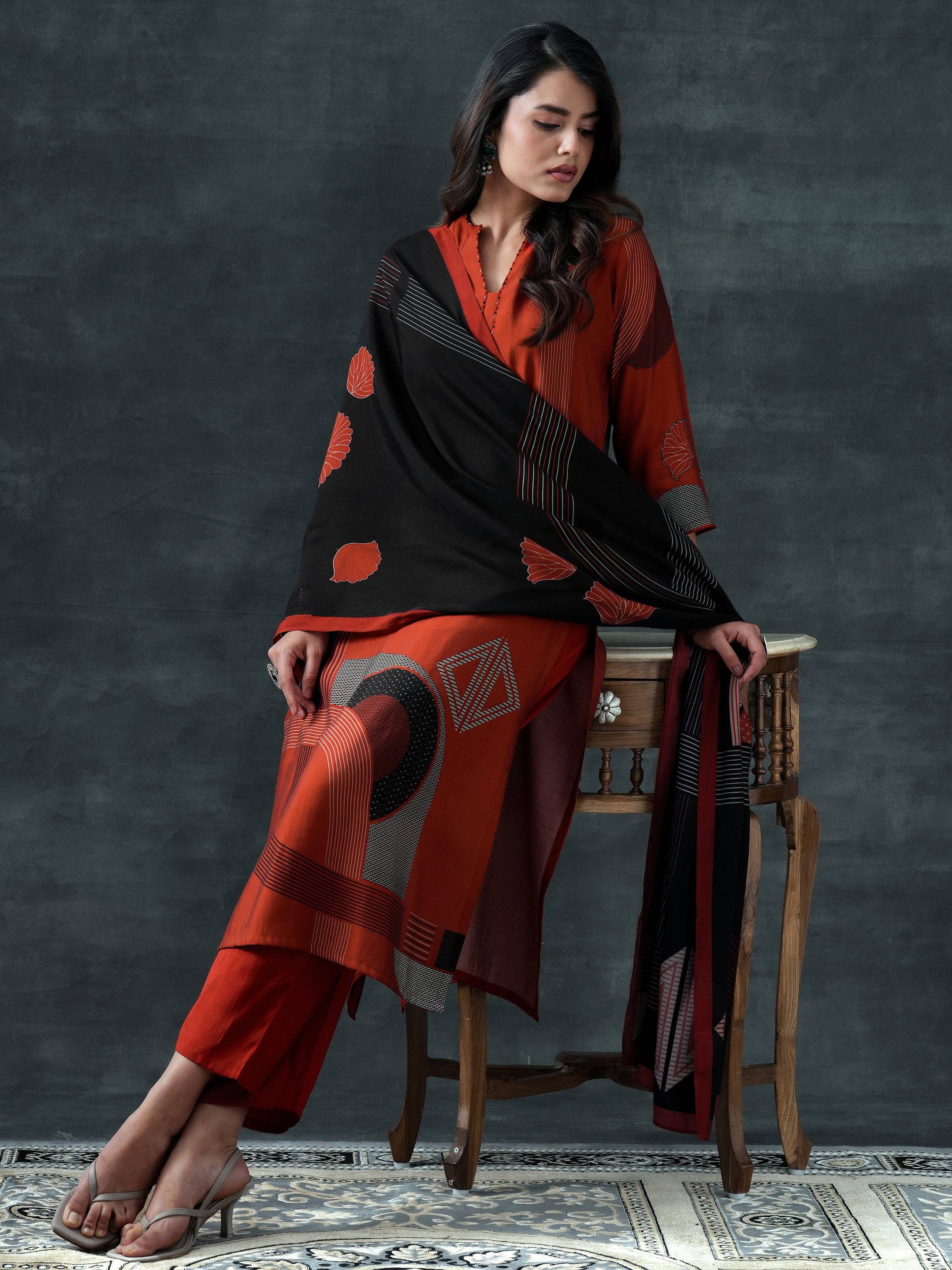 Rust Printed Silk Blend Straight Suit S... Buy only at ₹3999