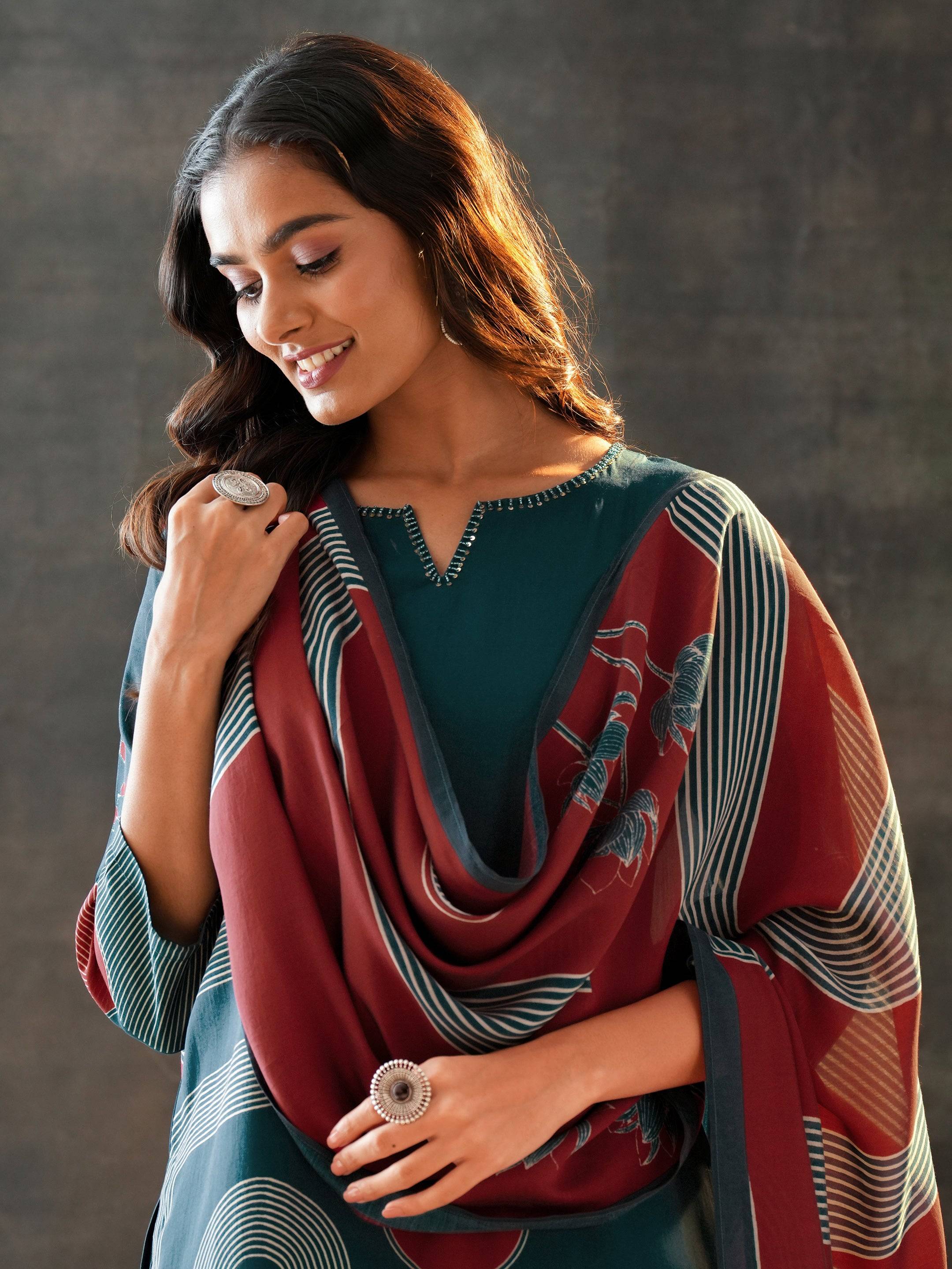 Blue Printed Silk Blend Straight Suit S... Buy only at ₹3999