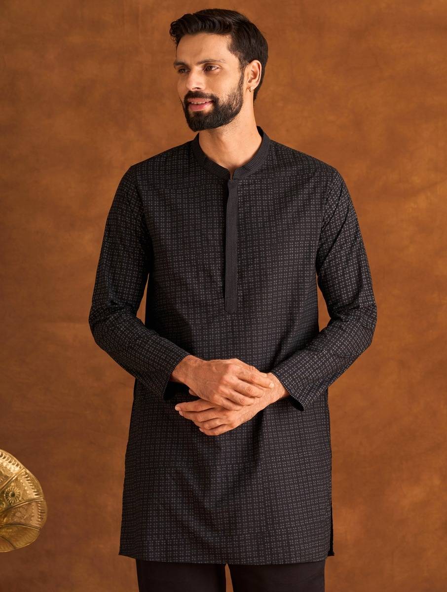 Men Black Cotton Block Print Mandarin Collar Straight Fit Kurta