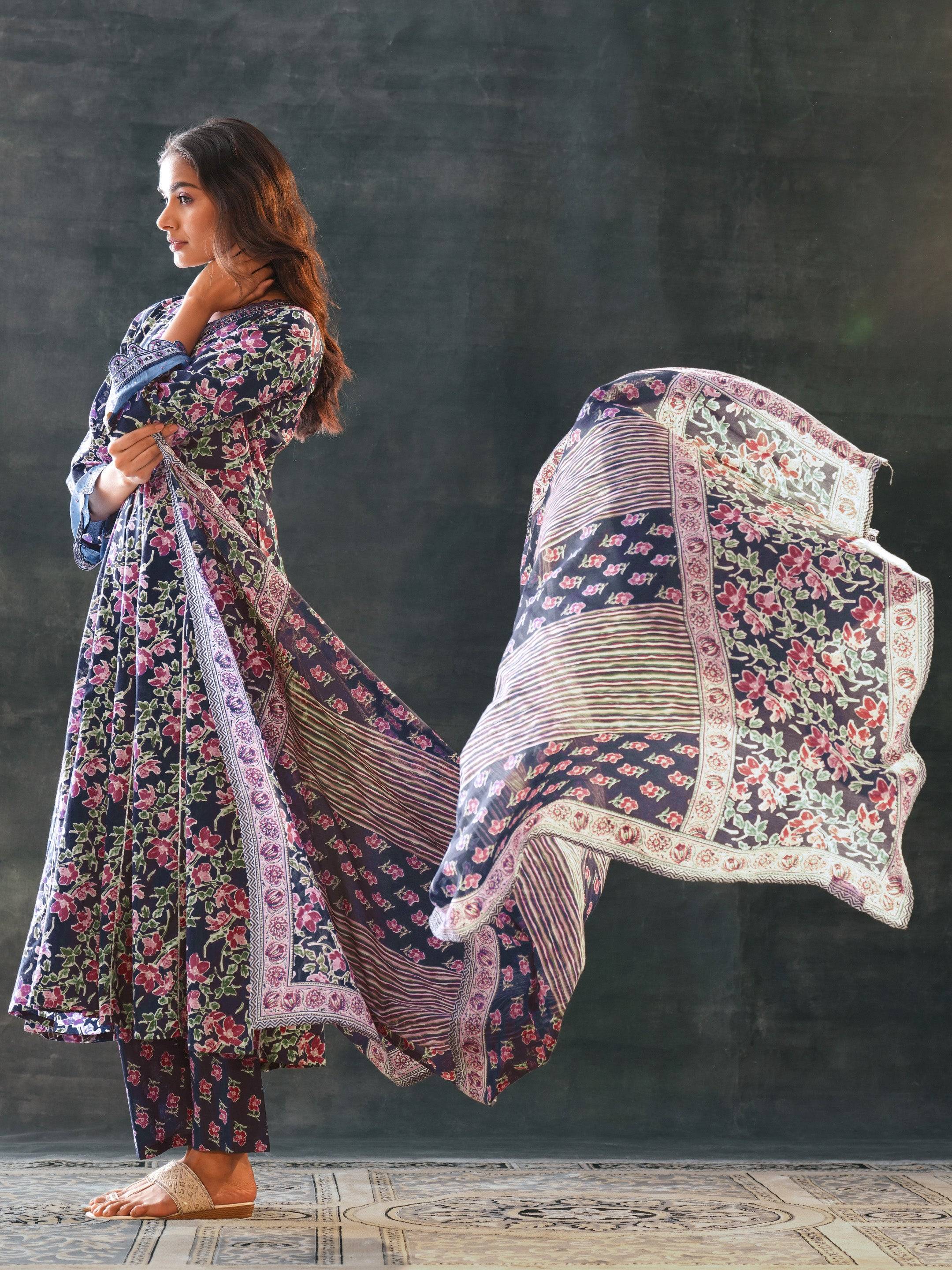 Blue Printed Cotton Anarkali Suit Set W... Buy only at ₹2999