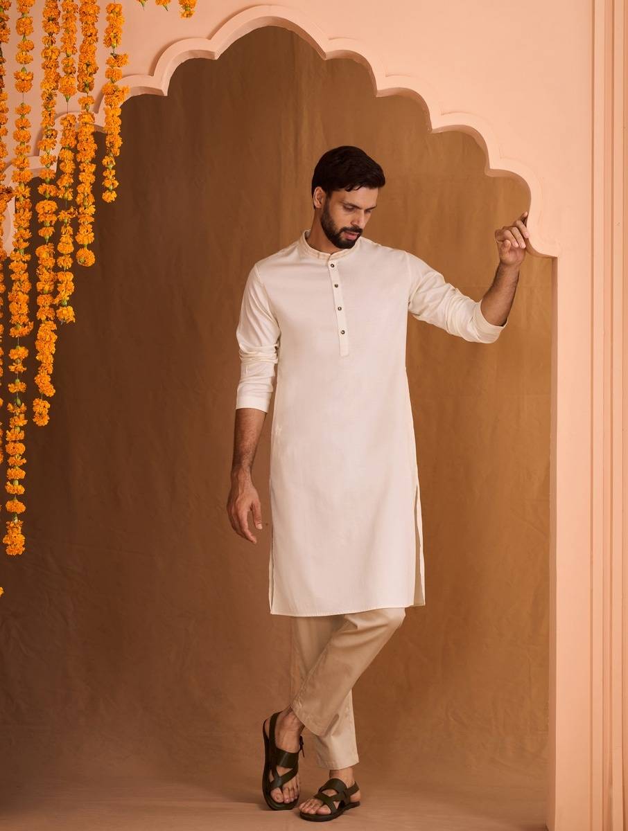 Men Ivory Cotton Mandarin Collar Straight Fit Kurta