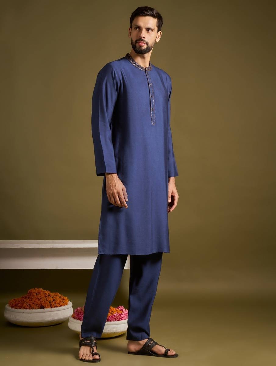 Men Blue Silk Viscose Hand Embroidery Mandarin Collar Kurta with Pants