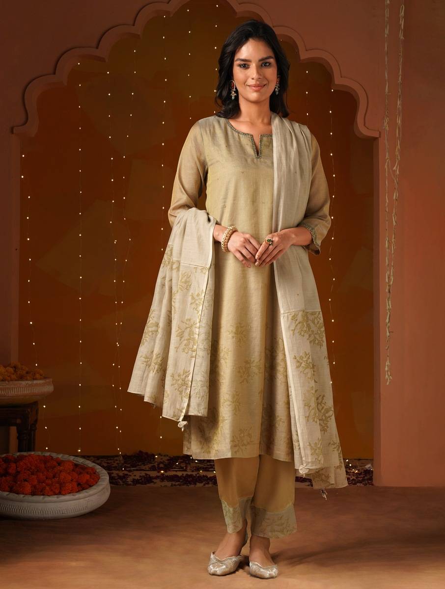 Women Gold Cotton Tissue Block Print Kurta, Pants & Dupatta