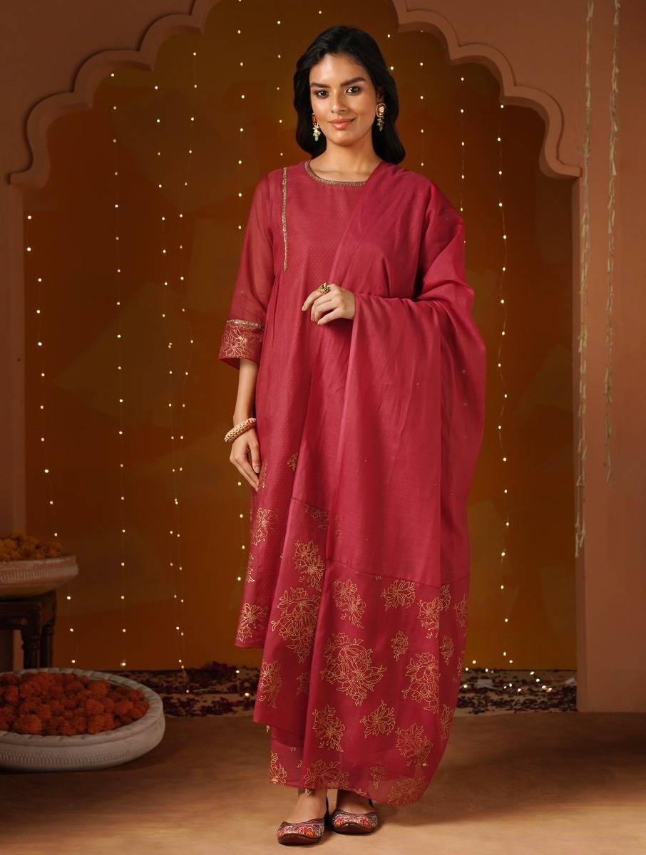 Women Red Cotton Silk Block Print Kurta, Slip, Pants & Dupatta
