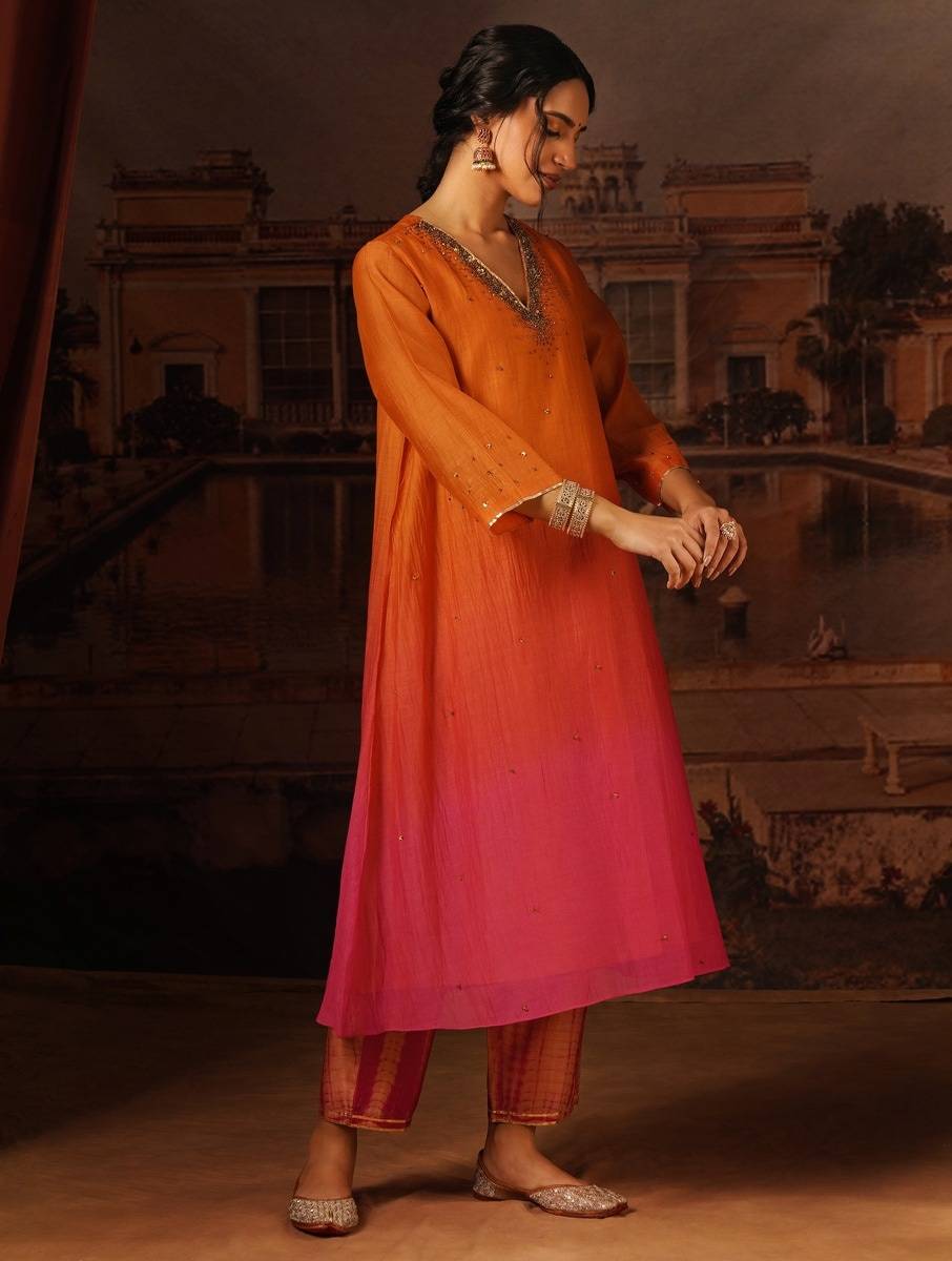 Women Orange Chanderi Kurta with Pants