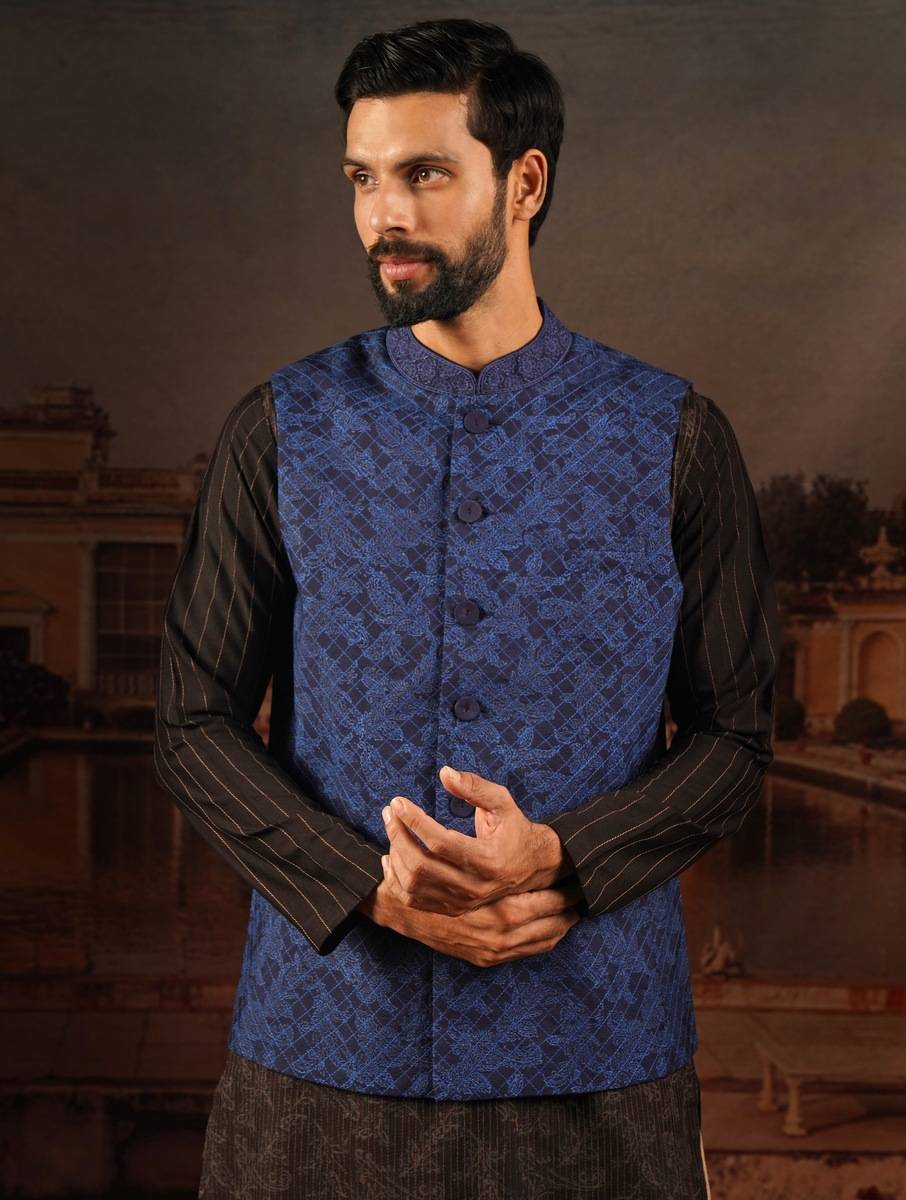 Men Blue Silk Block Print Mandarin Collar Straight Fit Nehru Jacket