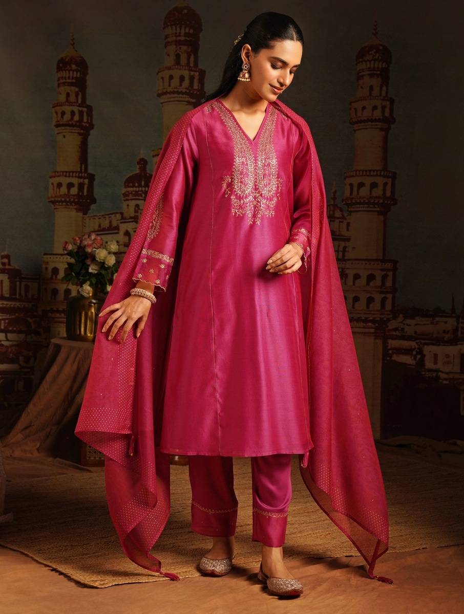 Women Pink Cotton Silk Kurta, Pants & Dupatta