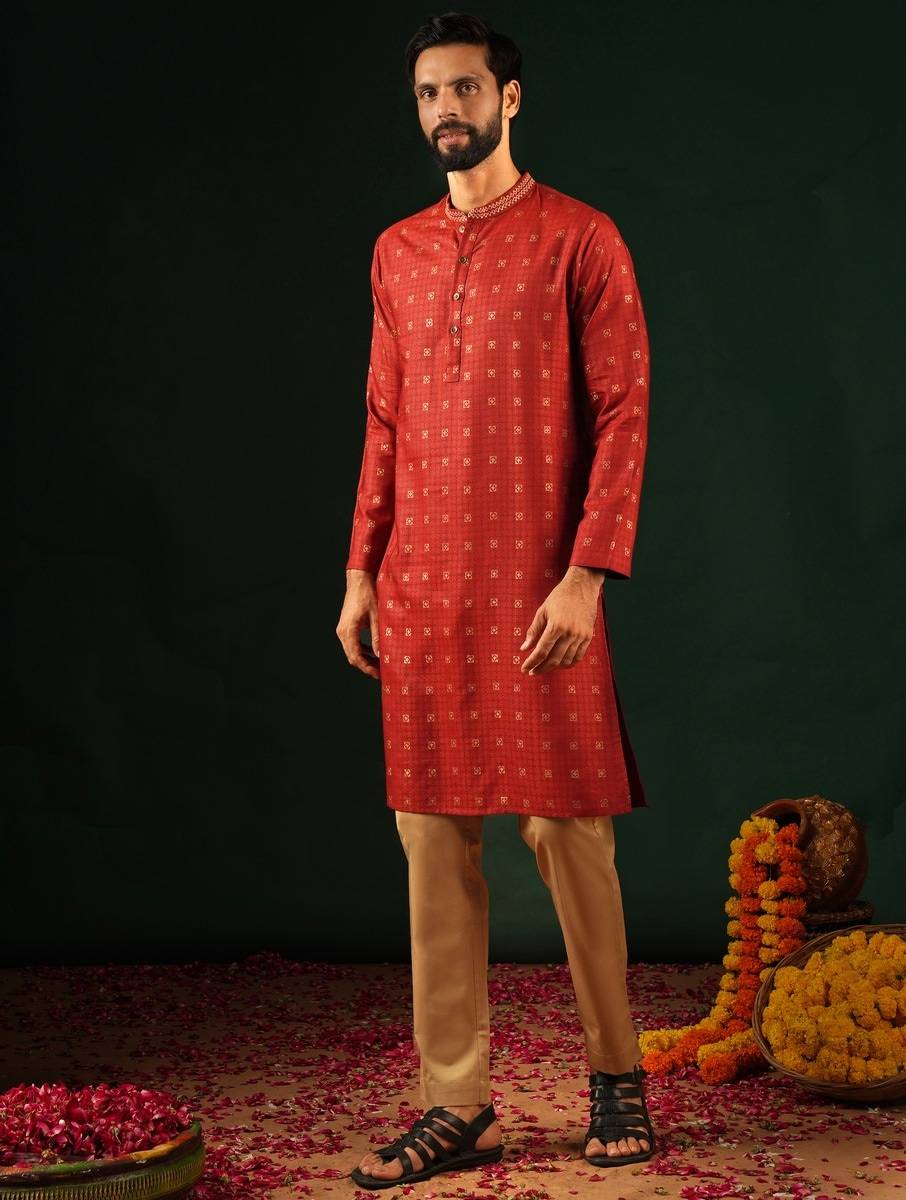 Men Red Viscose Silk Block Print Mandarin Collar Straight Fit Kurta
